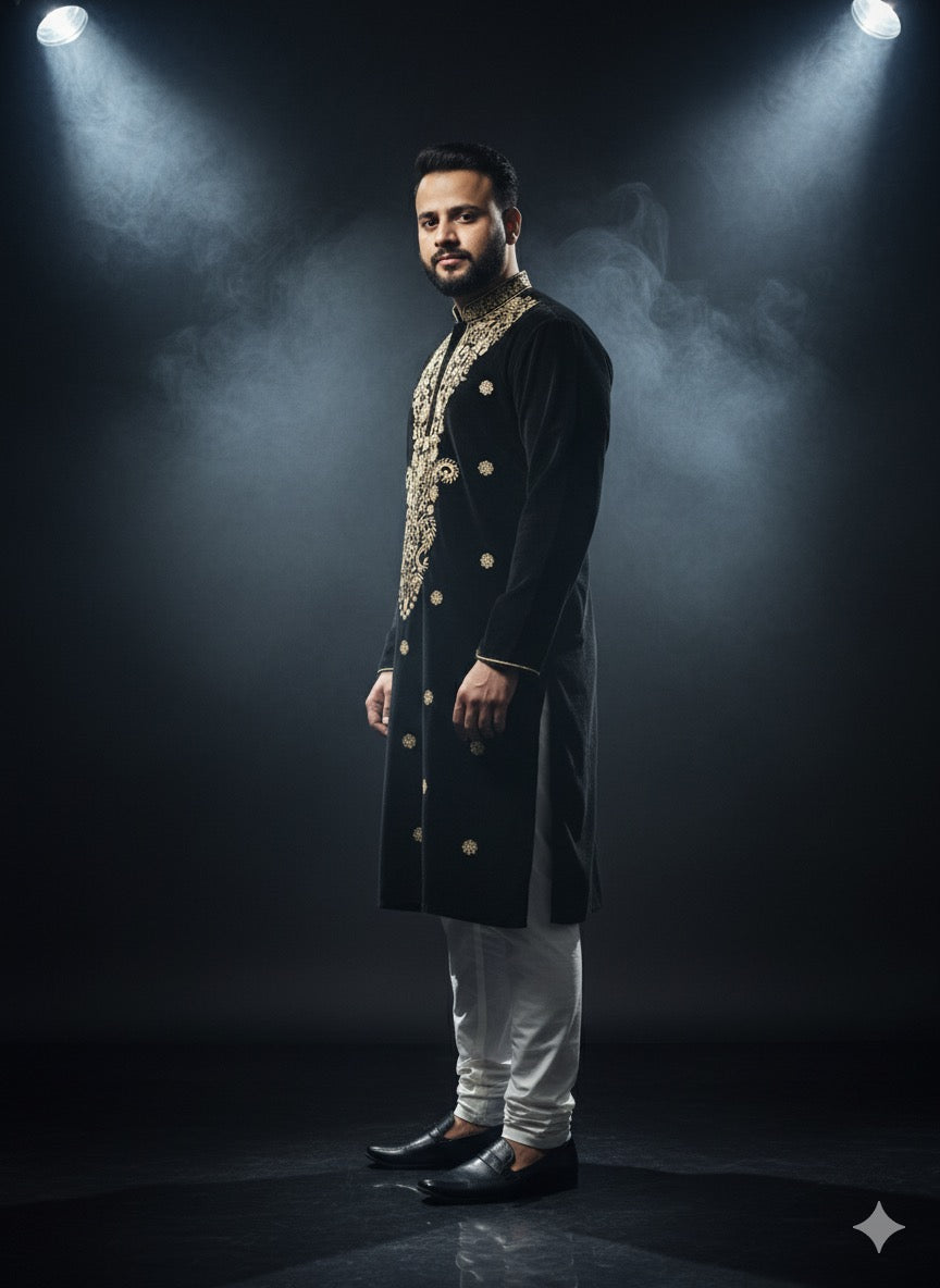 Handcrafted KPH Outfits velvet kurta with detailed gold embroidery on the hem