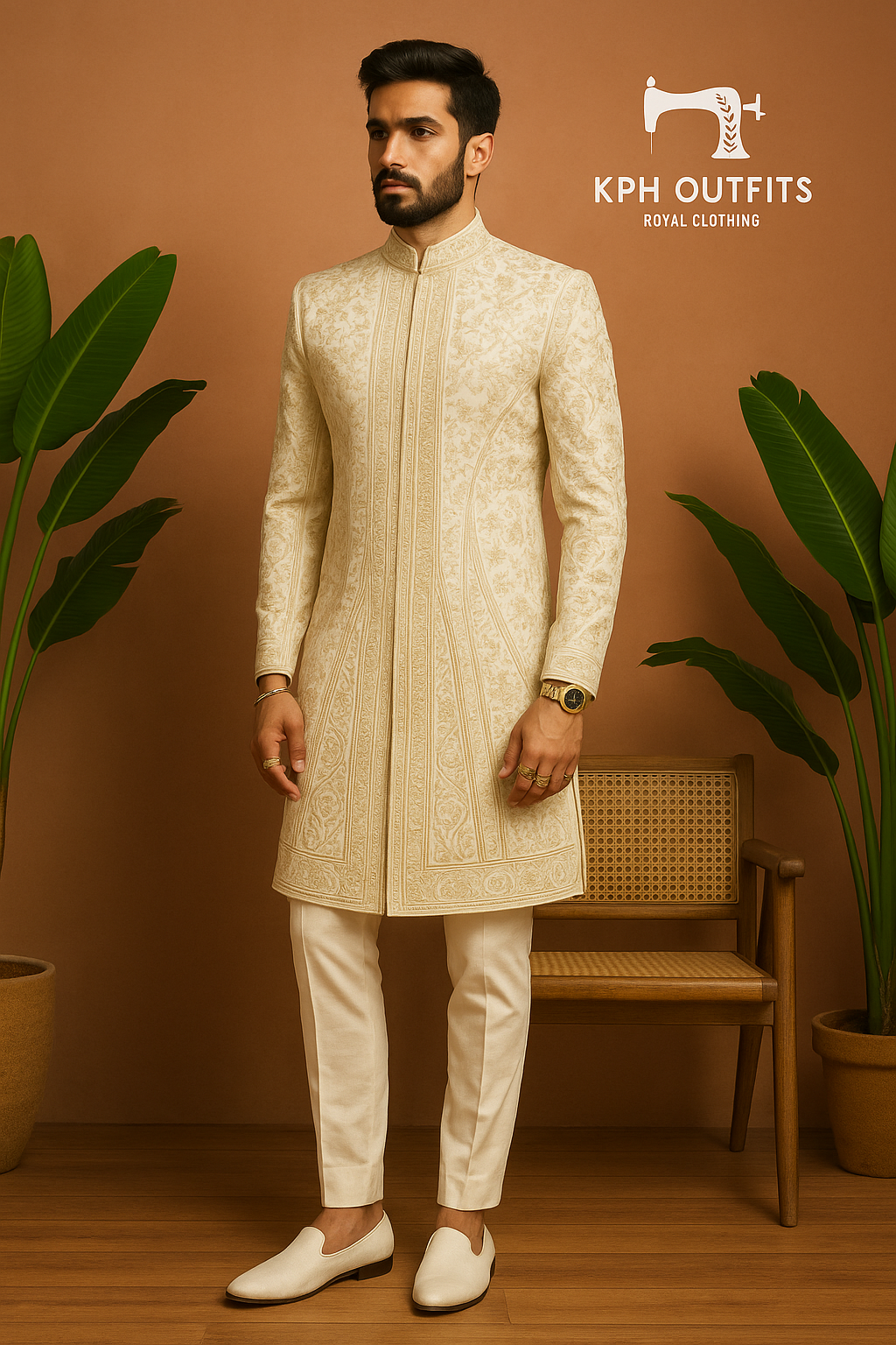 Men's Ivory Handcrafted Zardozi Work Sherwani Set – Luxurious Silk 3-Piece Ensemble – KPH Outfits