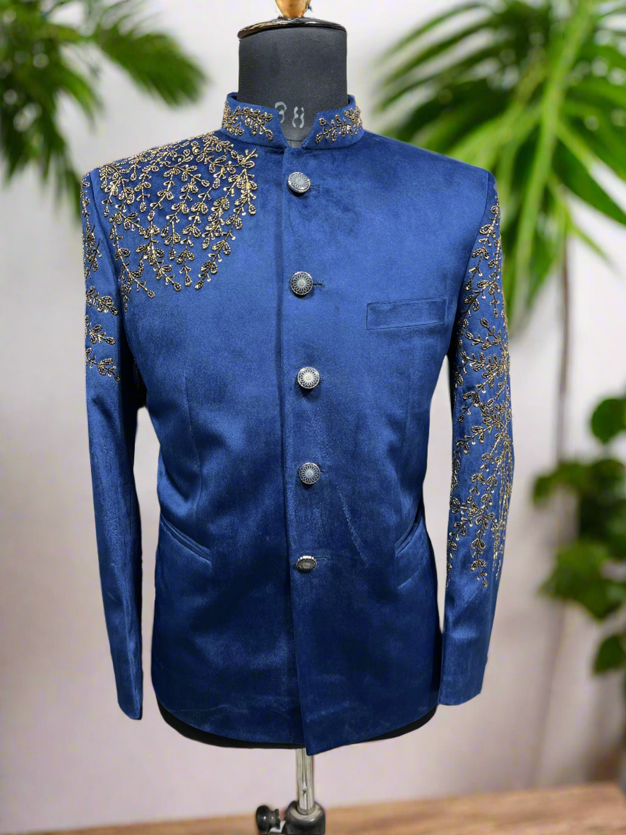 Elegant Golden Embroidery on Velvet Jodhpuri Blazer