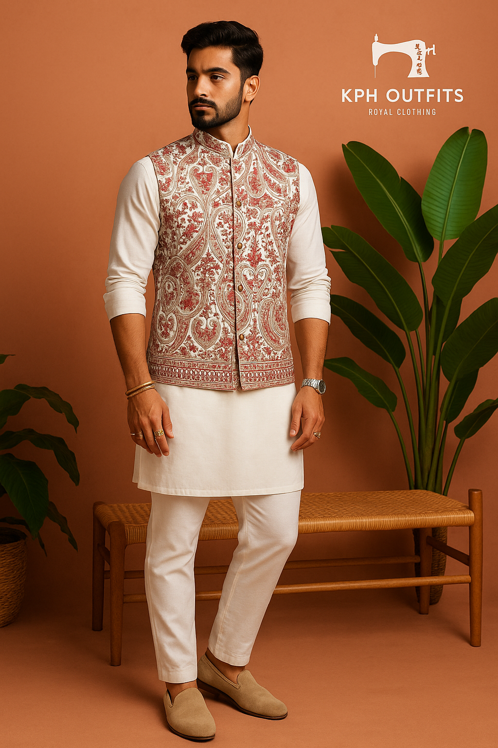Men's White Kalamkari Embroidered Nehru Jacket – 100% Georgette – Elegant & Timeless Style – KPH Outfits