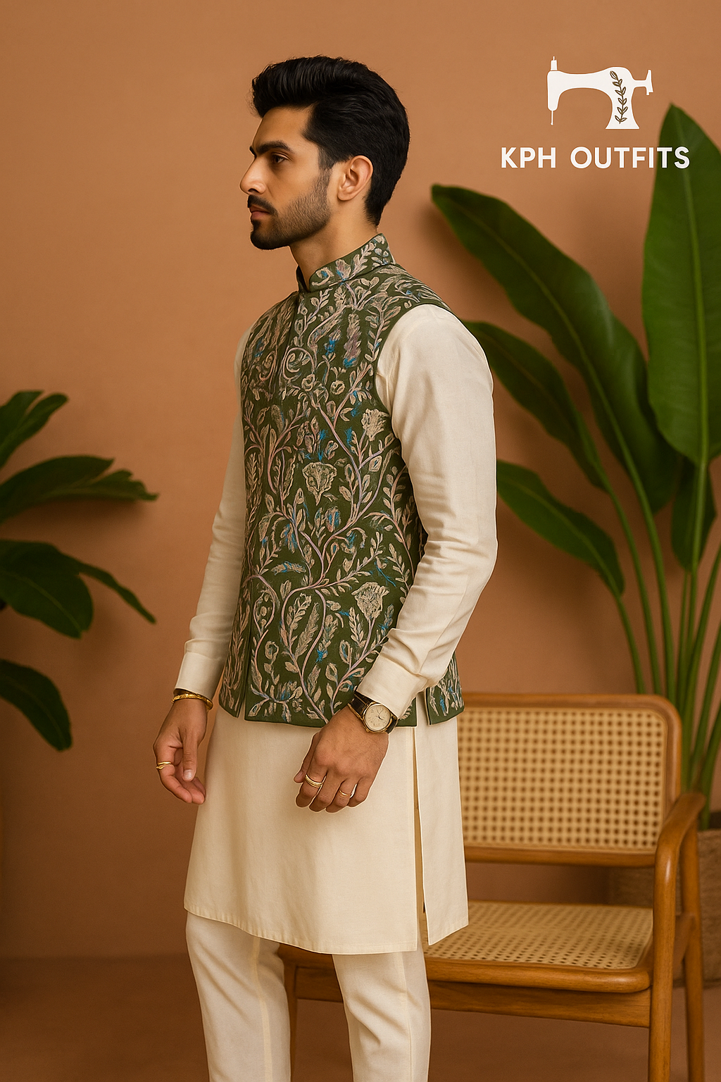 Men's Exclusive Mehndi Special Handcrafted Waistcoat – Luxury Formal Wear by KPH Outfits