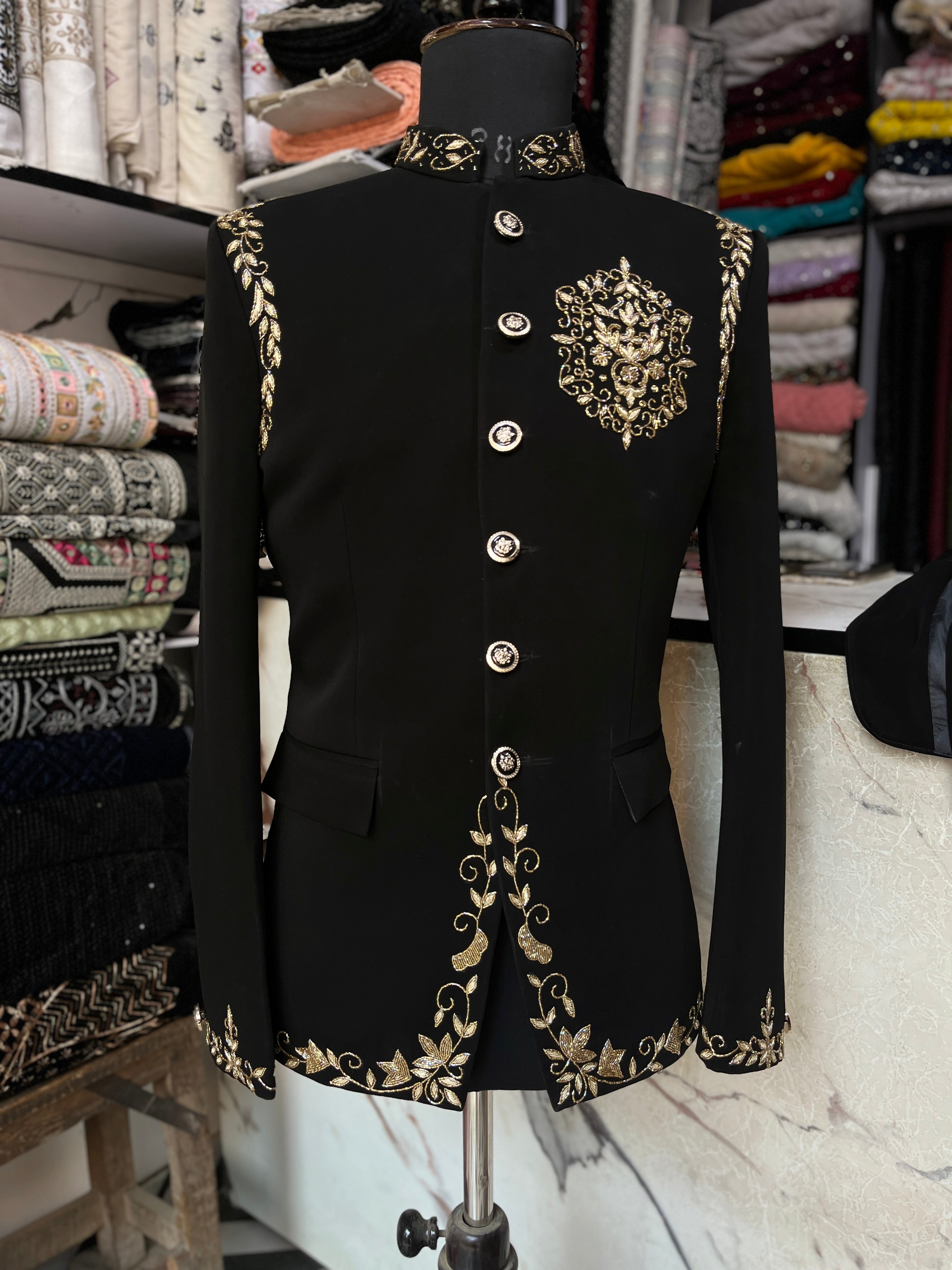 Men's Black Handcrafted Cut Work Bandhgala Suit