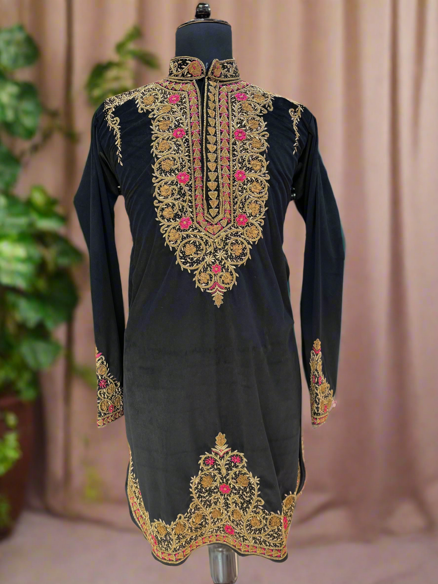 Premium men's black kurta and churidar set with exquisite Zardozi detailing.
