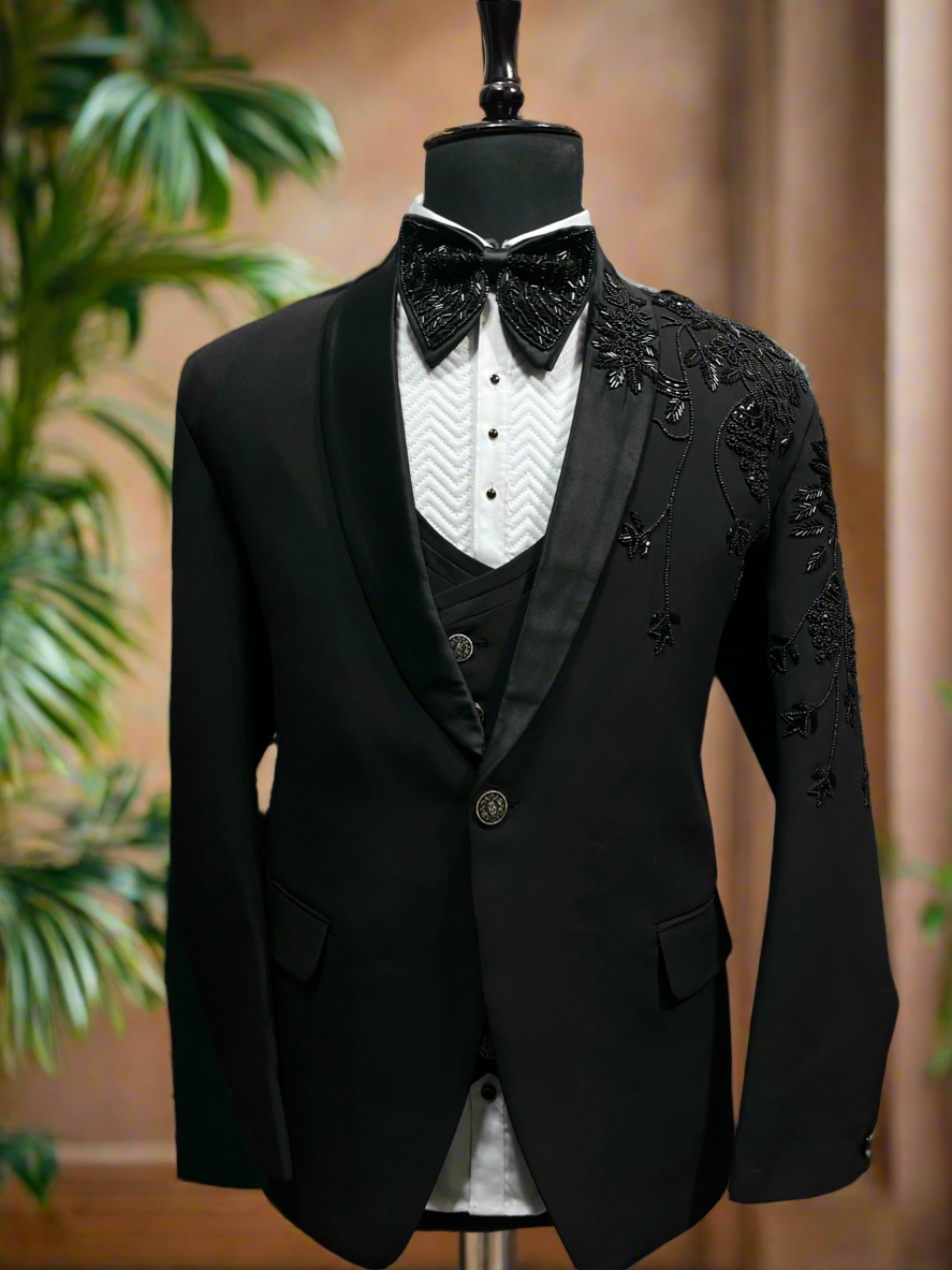 Men's Black Shawl Lapel Tuxedo with Handcrafted Embellishments By KPH Outfits