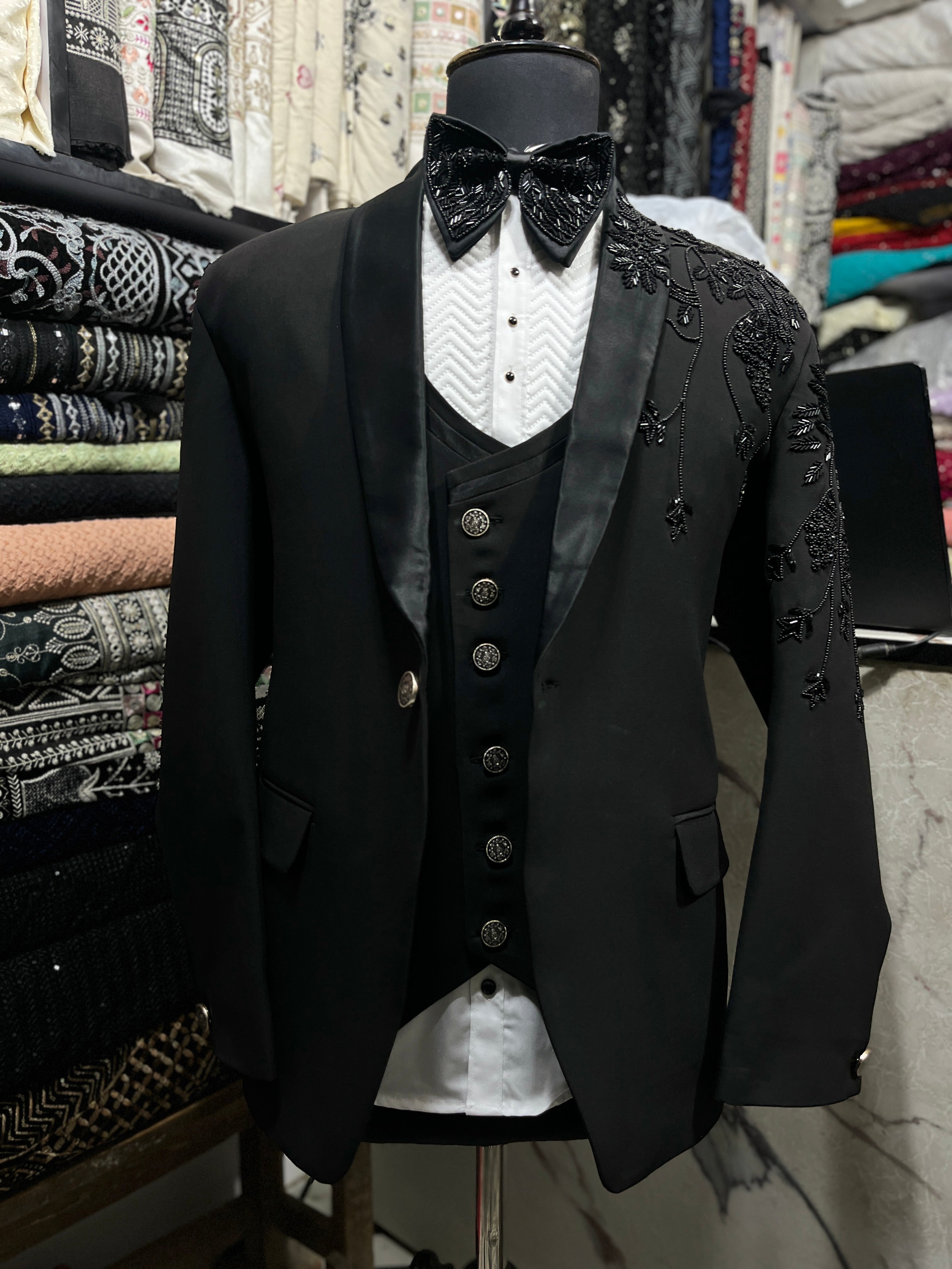 Men's Black Handcrafted Embellished Tuxedo Suit