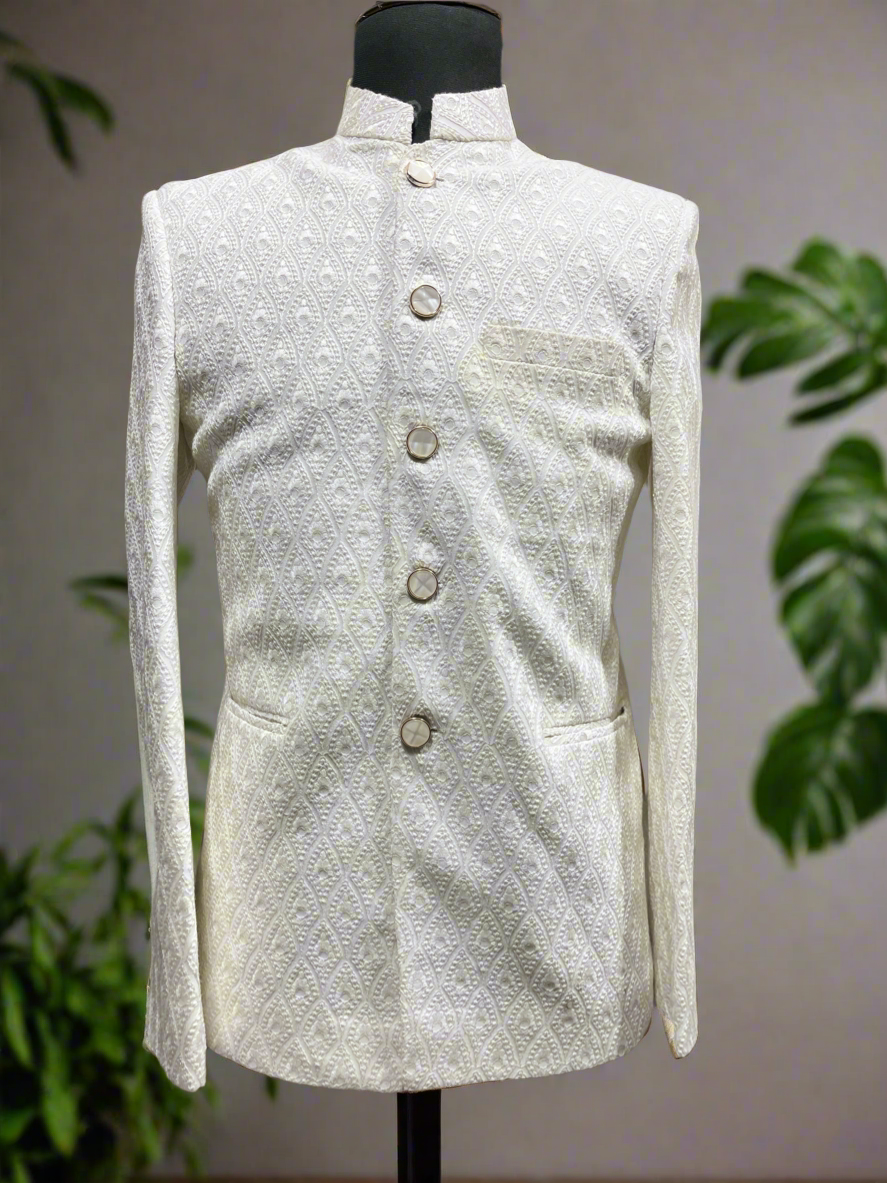 Timeless White Bandhgala Suit with Heavy Georgette Craftsmanship