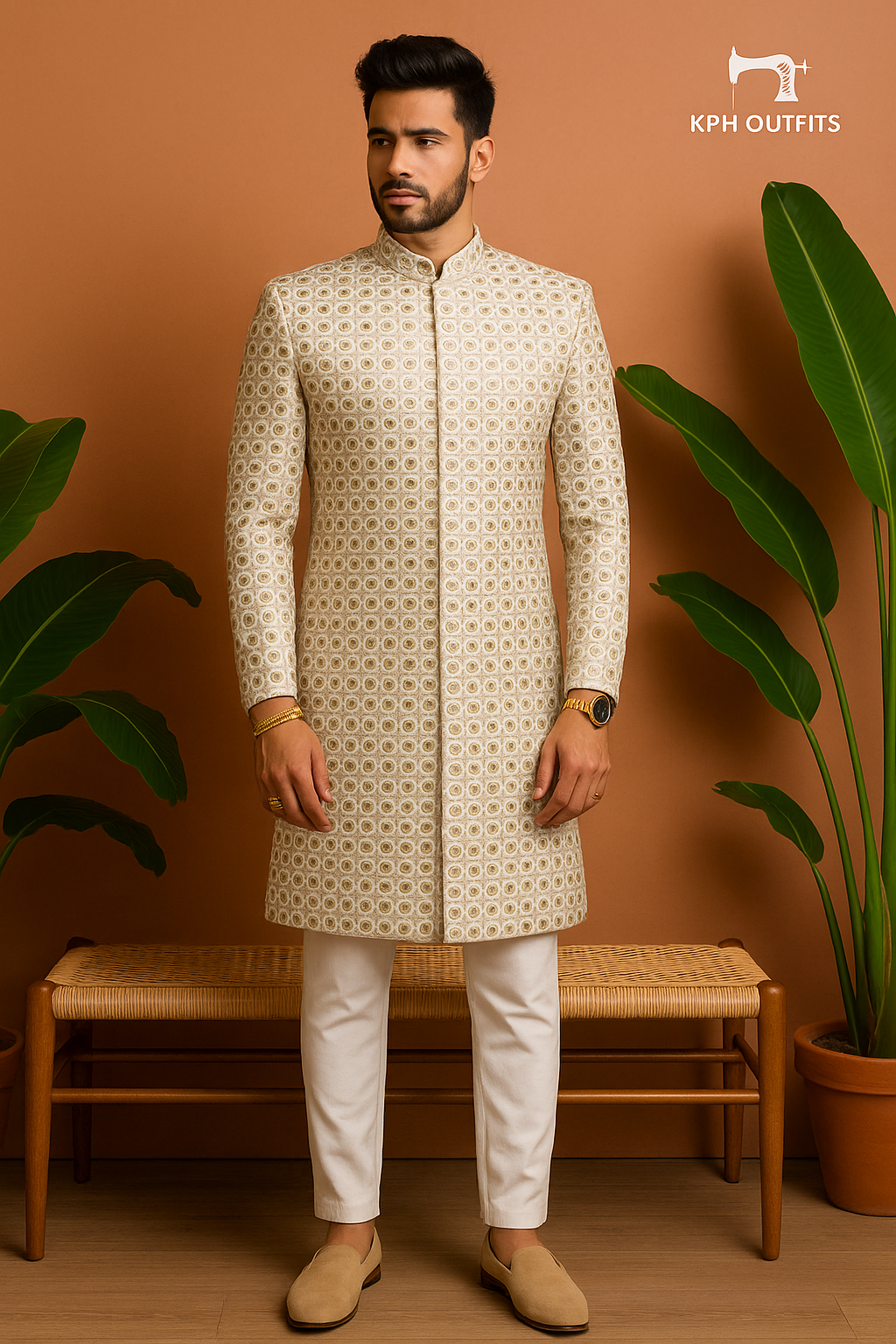 Men's Golden Exclusive Designer Mirror Sherwani Set – Premium Georgette Wedding Wear By KPH Outfits