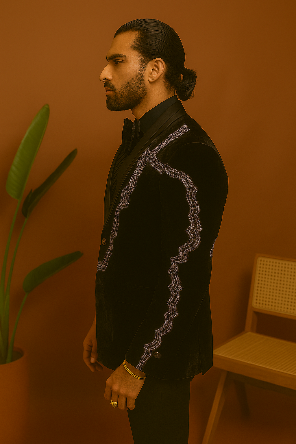 A photograph of a man in a stylish tuxedo, emphasizing the quality of the velvet fabric and the overall craftsmanship.

