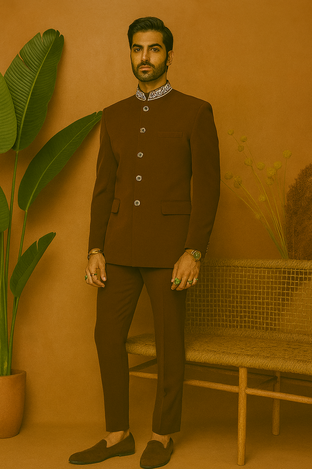 A photograph of a man in a stylish bandhgala suit, highlighting the quality of the fabric and the unique design.



