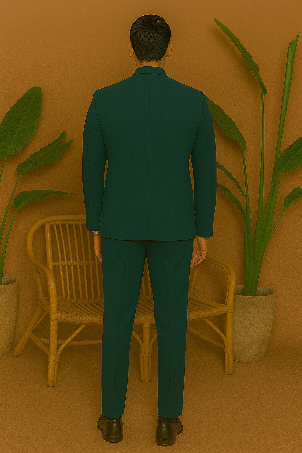 A side view of the man in the Bandhgala suit, showing the fit and silhouette.
