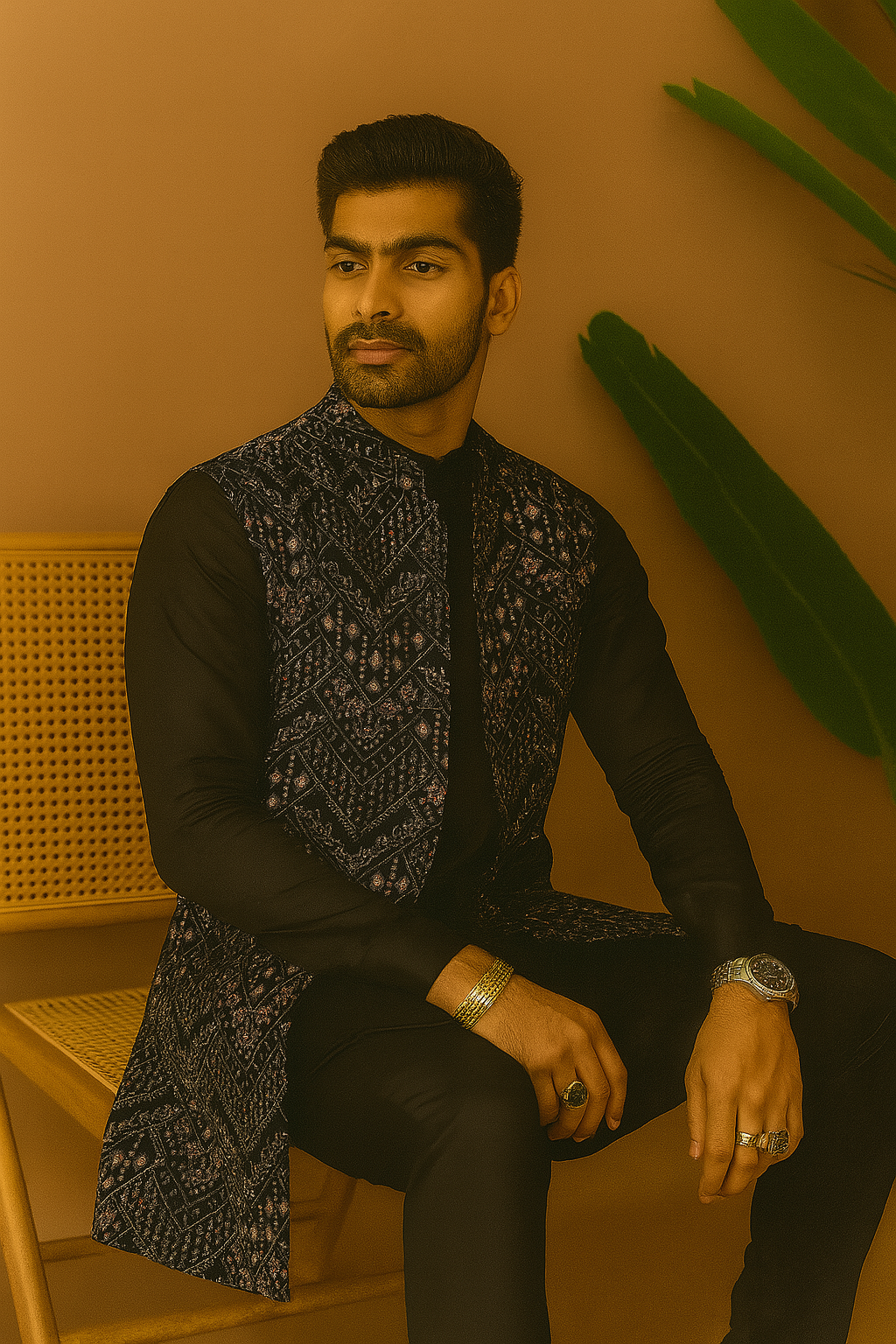 Men's Exclusive Black Velvet Sleeveless Jacket Set