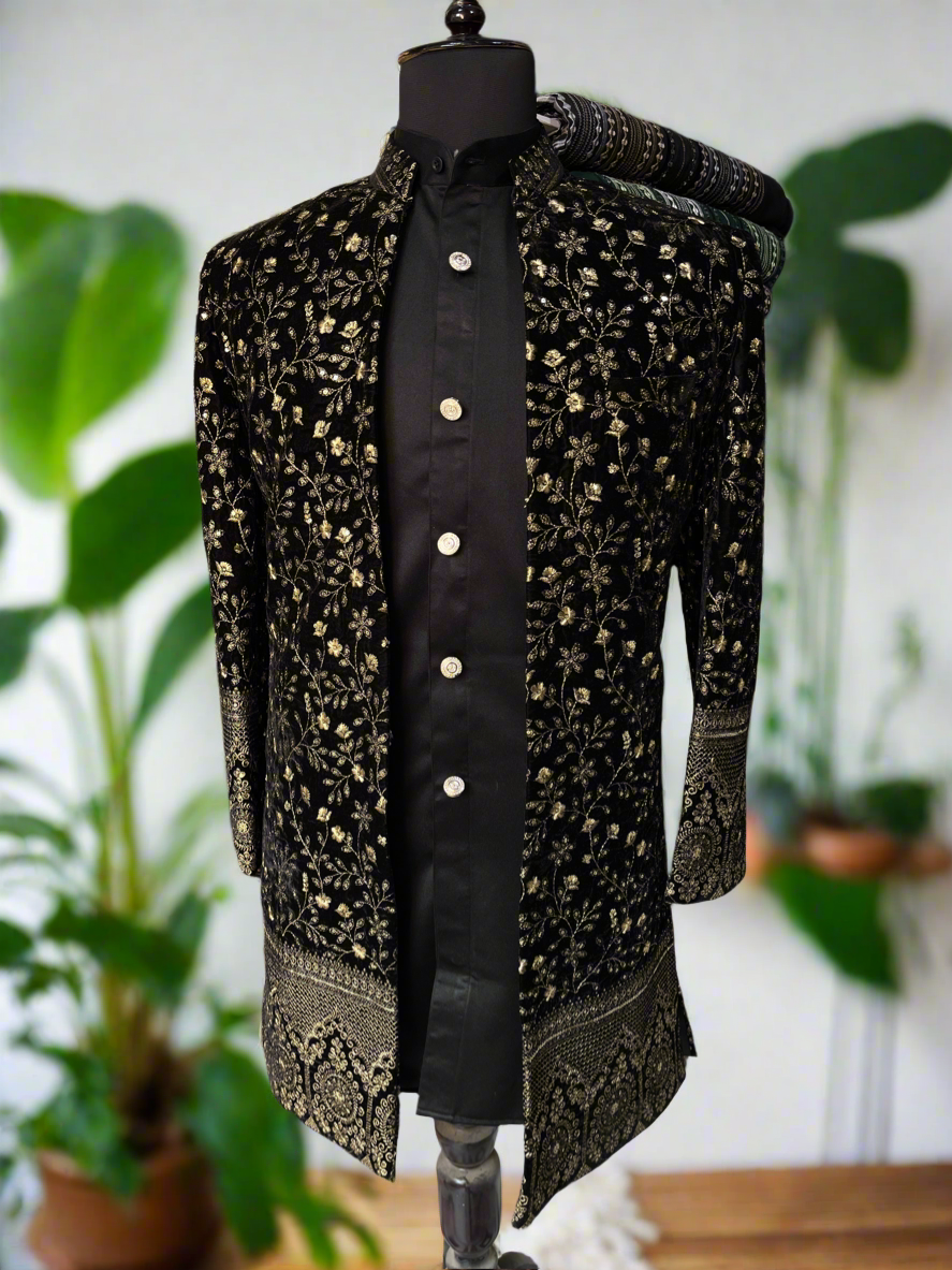 Men's Black Velvet Open Indo Western Set by KPH Outfits – Exquisite Designer Wear for Special Occasions