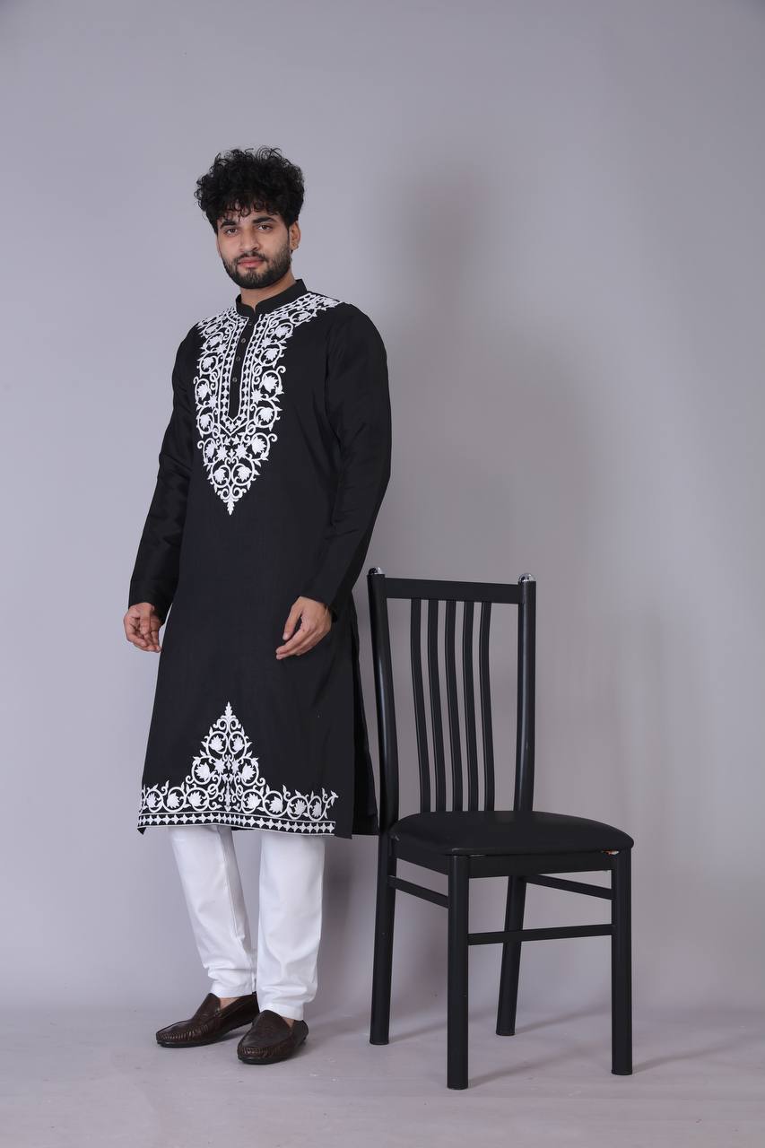 Men's Black Neck pattern Embroidery kurta Set