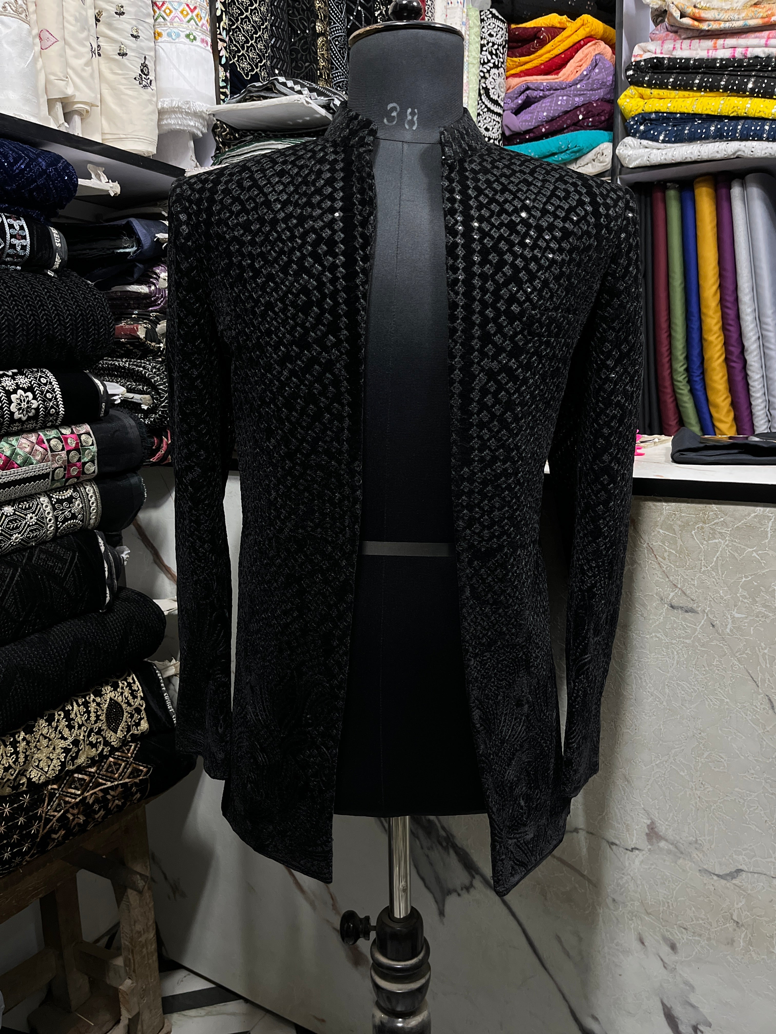 Men's Black Velvet Embroidery open Shrug