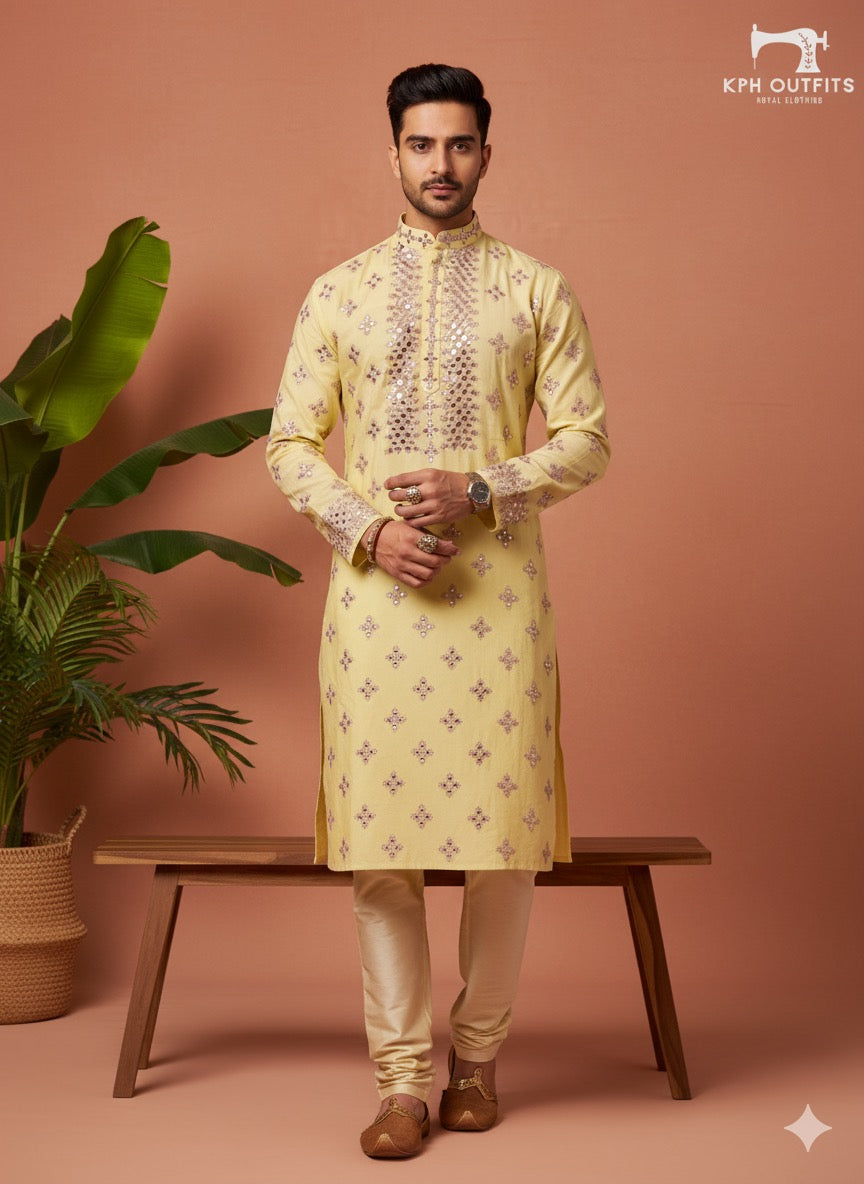 Traditional Indian kurta pajama in pastel yellow with dupatta and mirror accents