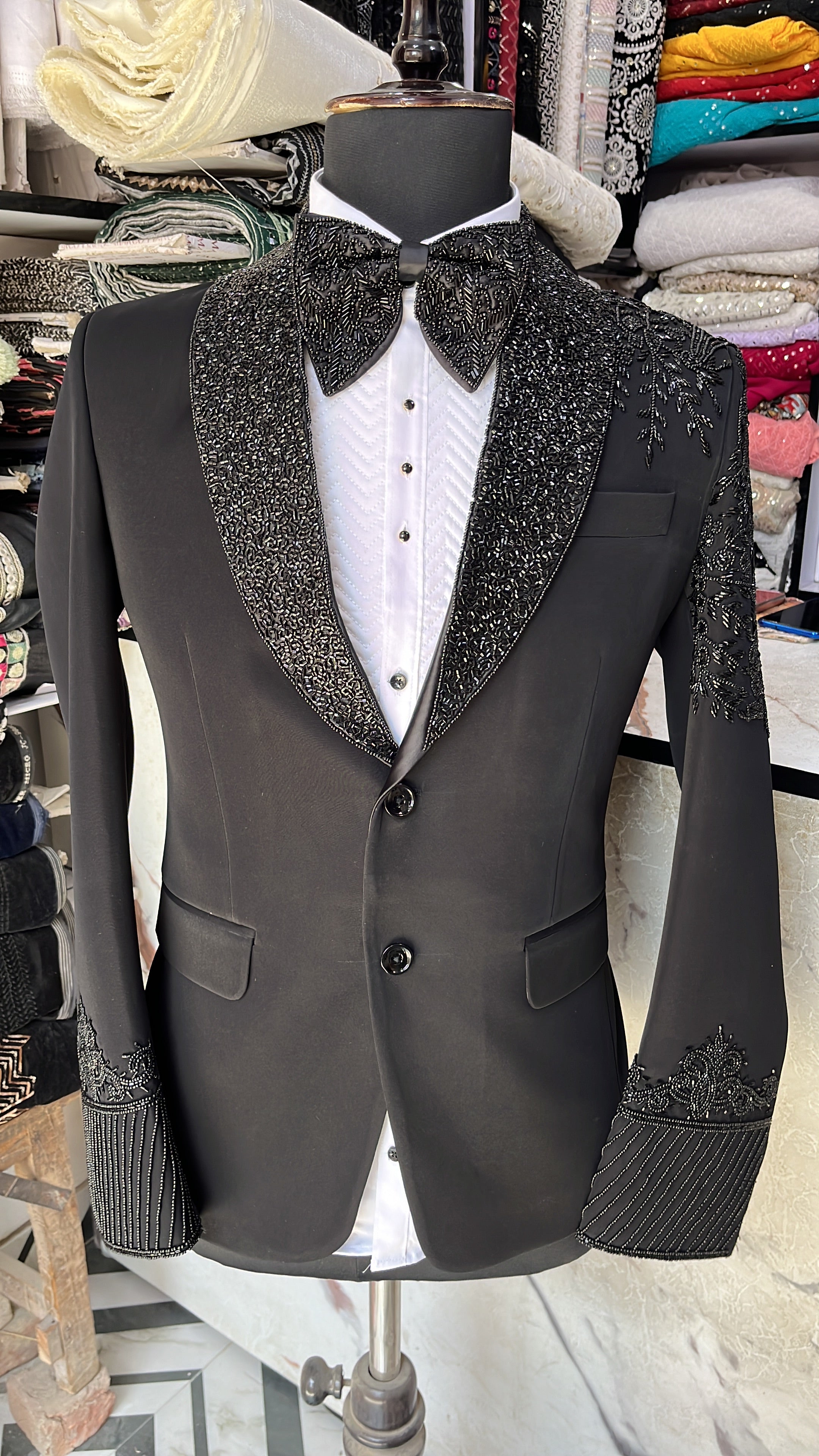 Men's Black Handcrafted Cut Work Tuxedo Suit