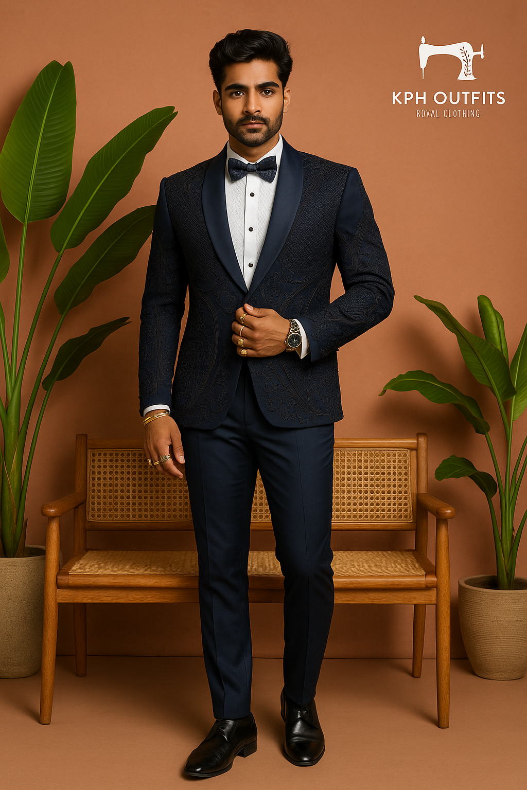 Men's Exclusive Navy Blue Handcrafted Cut Work Stylish Tuxedo Suit – Luxury Formal Wear by KPH Outfits