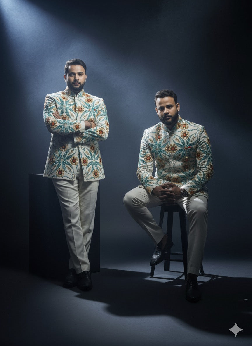 Off-White Stone Embellished Bandhgala suit with aqua and gold embroidery