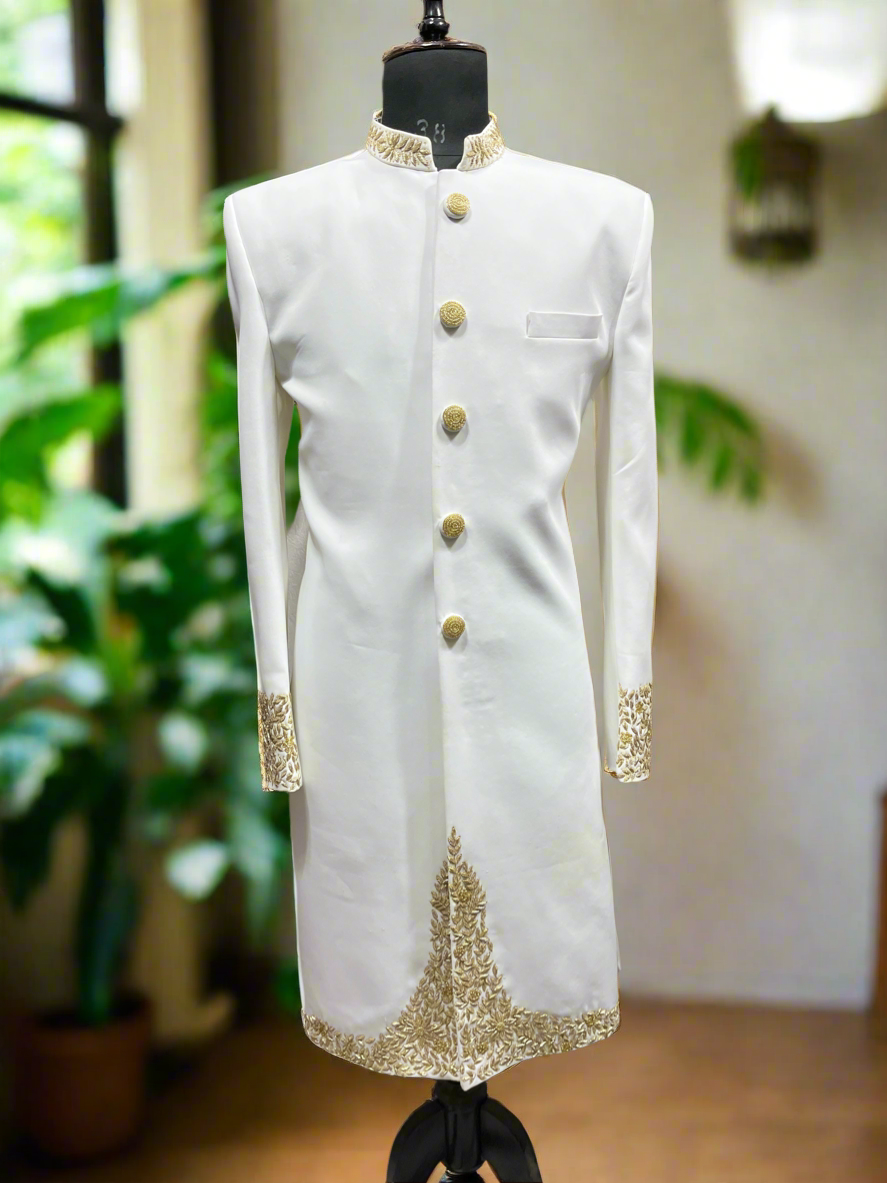 Designer 3-piece groom sherwani with Zardozi embroidery