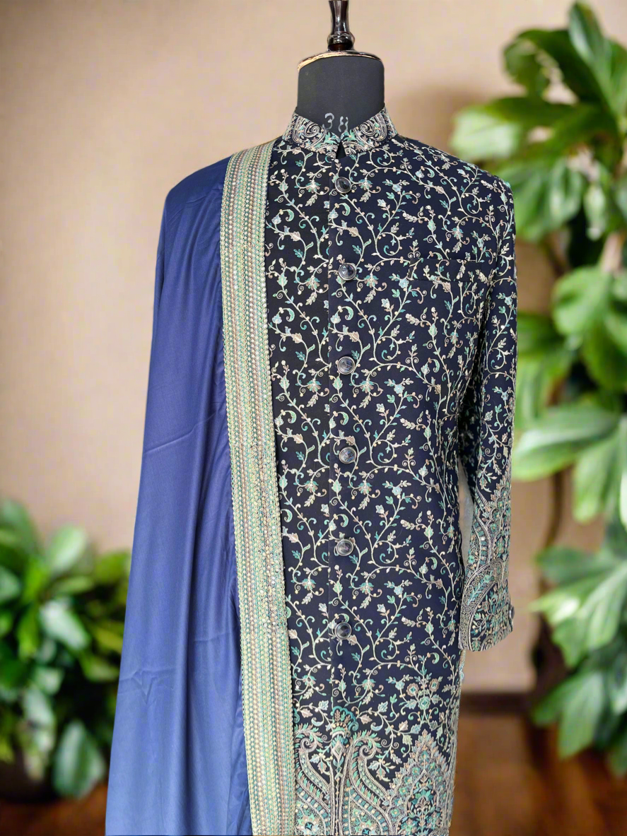 Designer 3-piece navy blue sherwani with shawl and pant