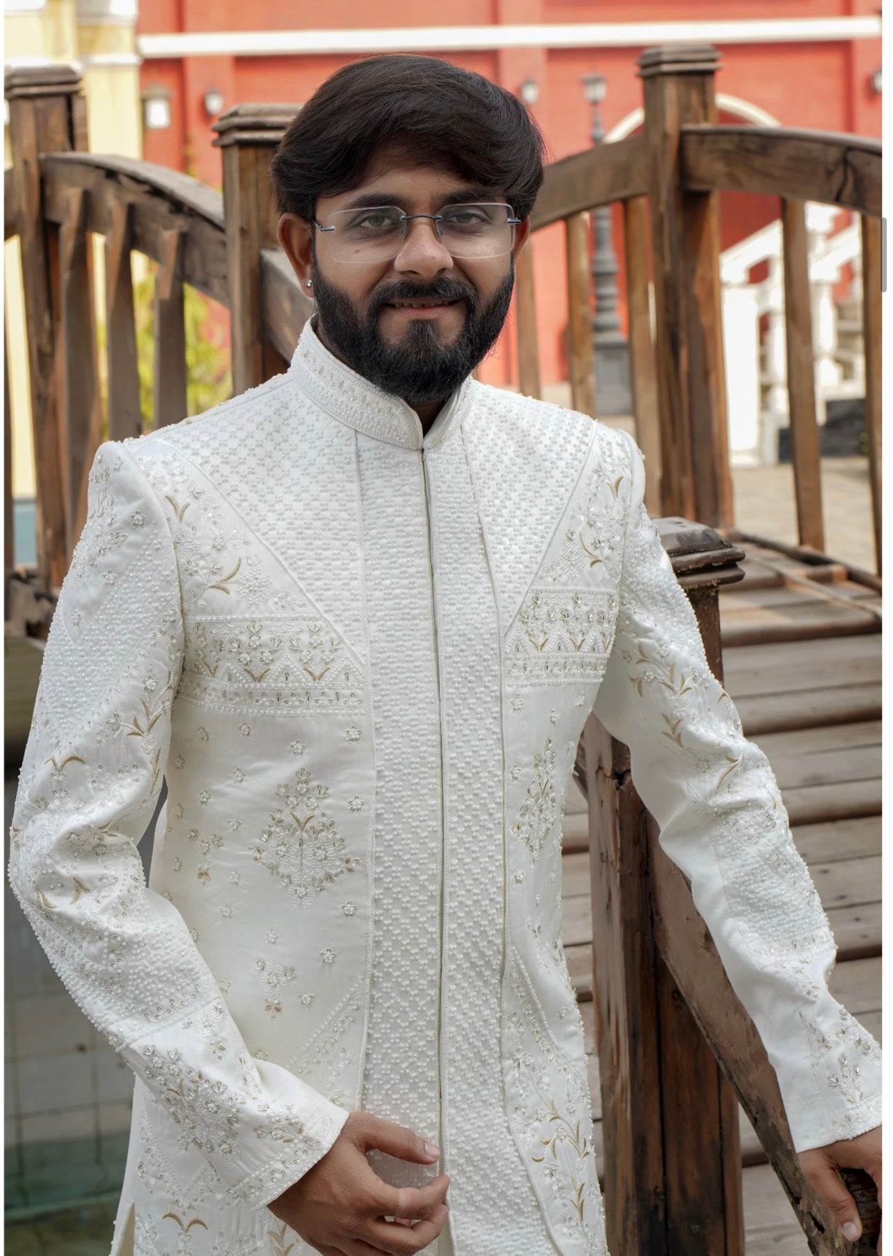 Men's Ivory Stylish Embellished Two Layer Sherwani Set Timeless