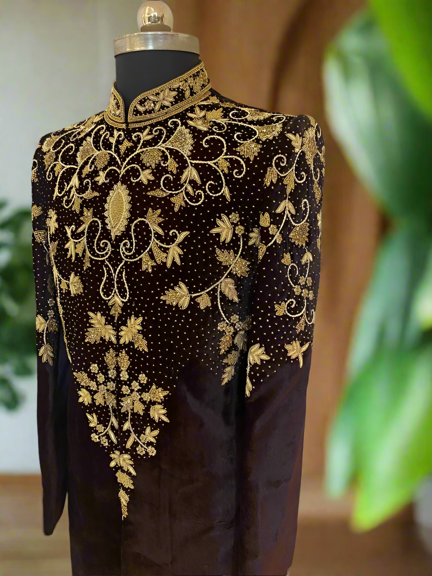 Designer black velvet wedding sherwani with golden embroidery