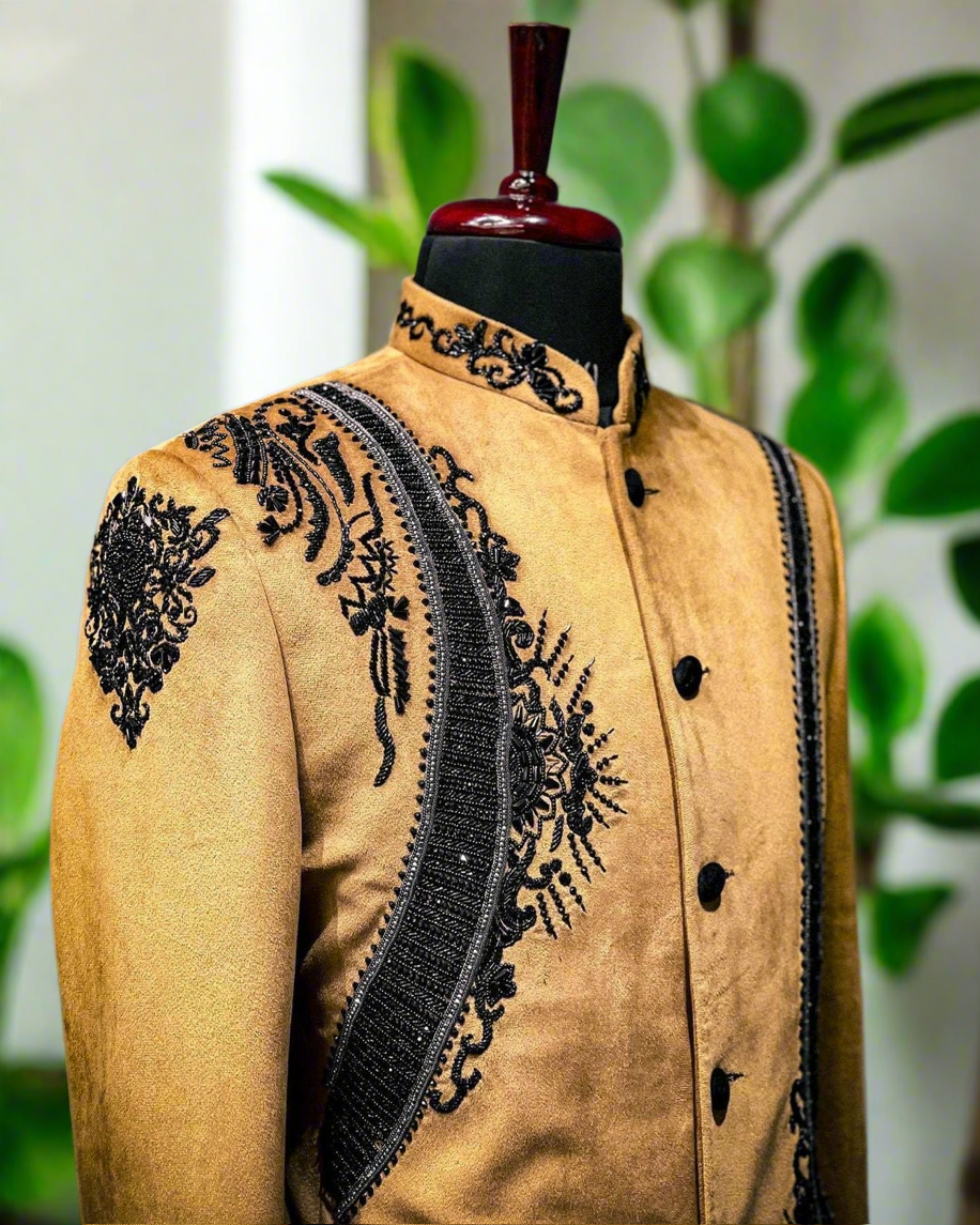 Designer gold Jodhpuri set with intricate handcrafted embellishments