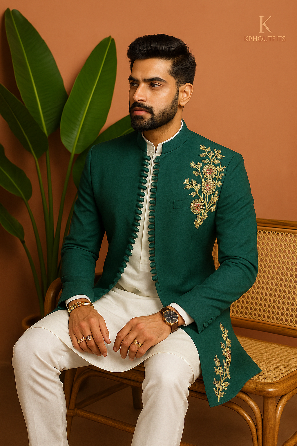 Designer green Indo-Western groom outfit with Zardosi embroidery