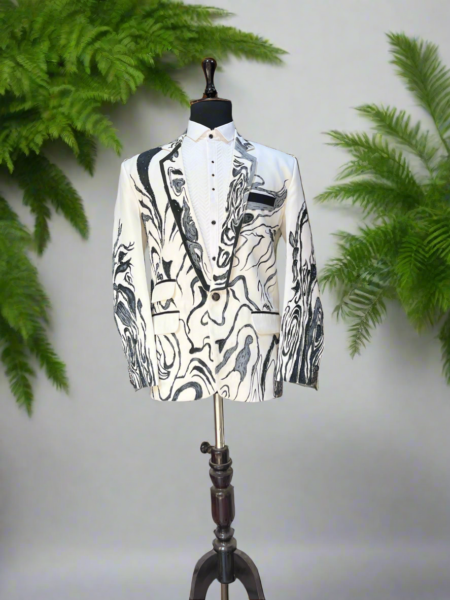 Designer hand-painted ivory tuxedo suit