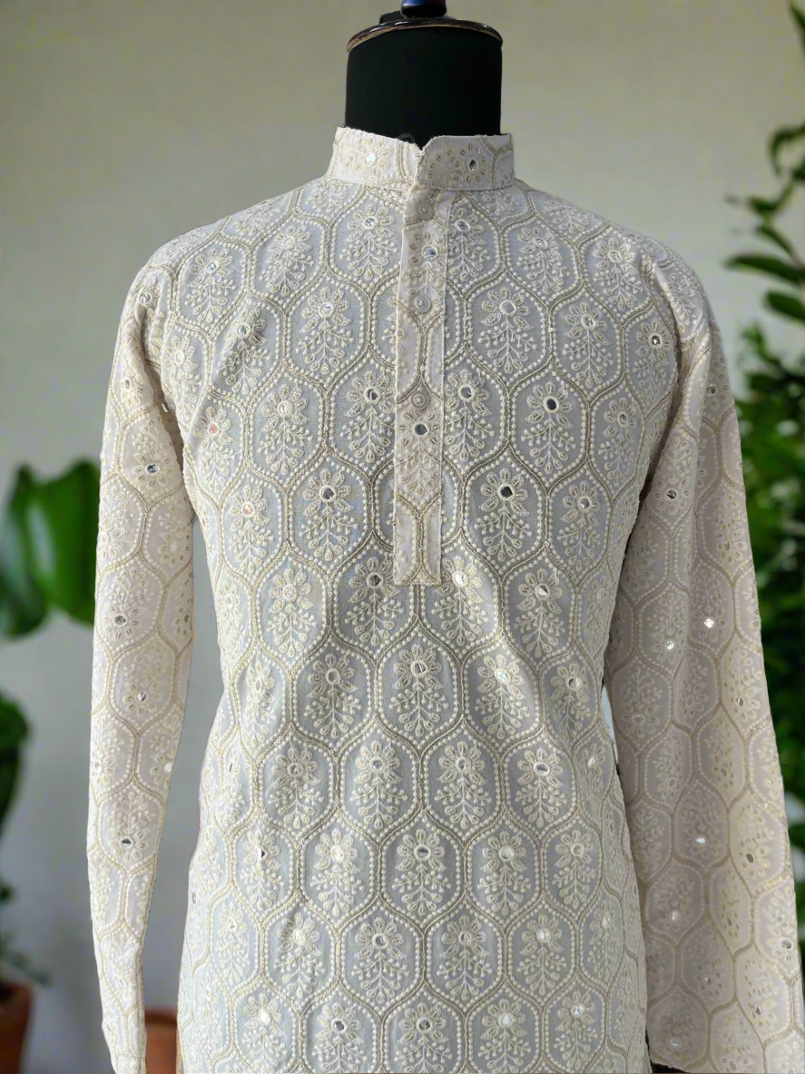 Designer ivory kurta with intricate Lakhnavi embroidery