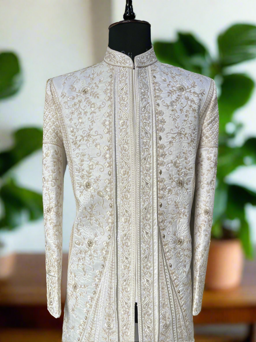 Designer ivory silk sherwani for weddings by KPH Outfits