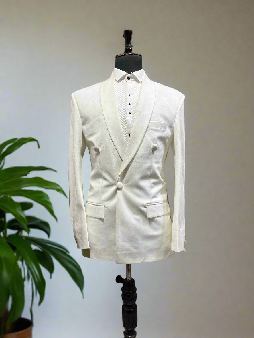 Designer ivory velvet tuxedo with slim-fit tailoring