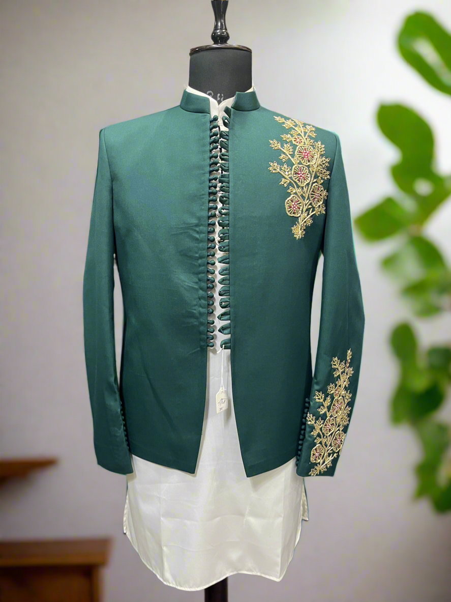 Designer men's handcrafted Jodhpuri attire in mehndi shade