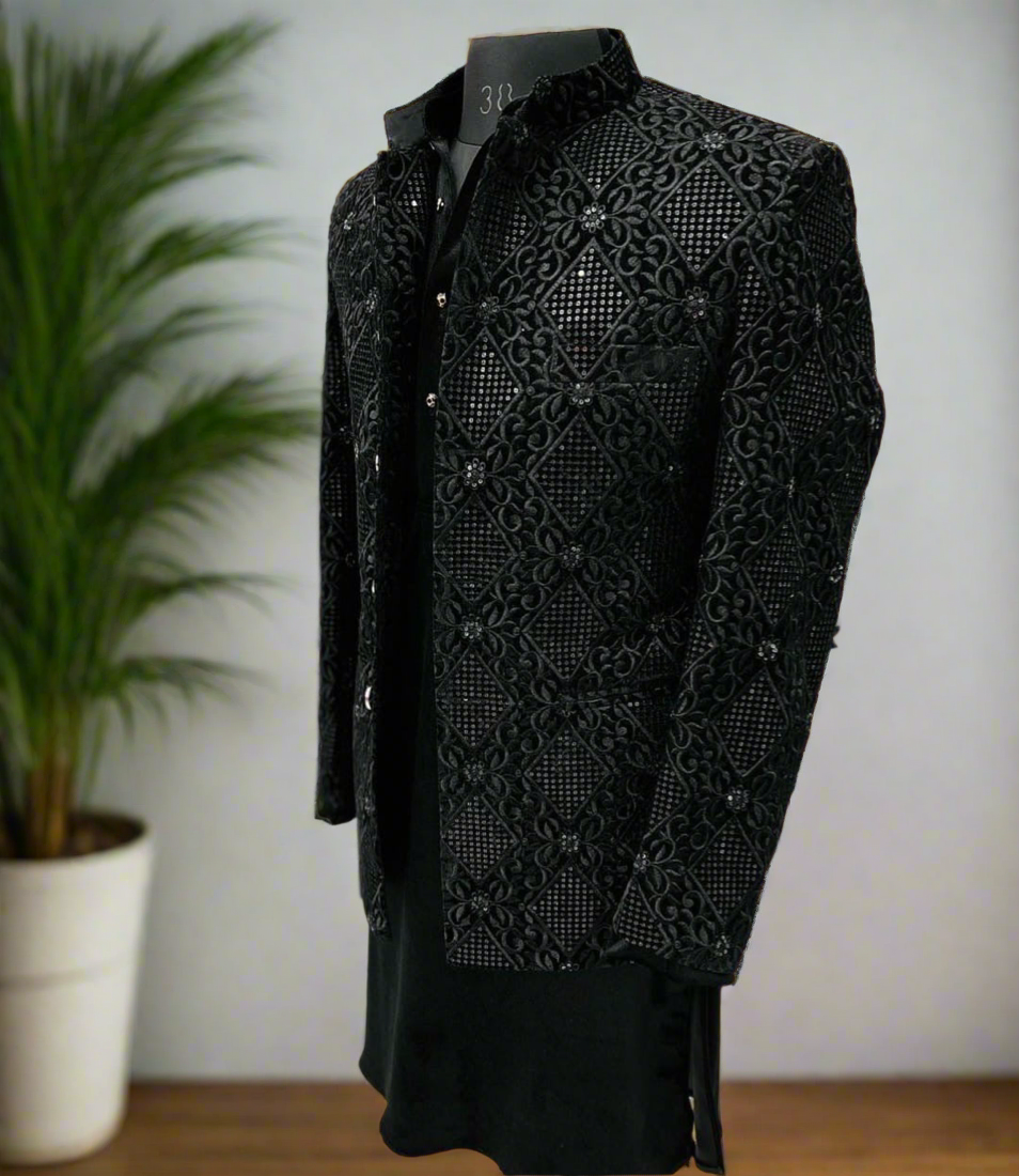 Designer open-front black velvet Jodhpuri suit