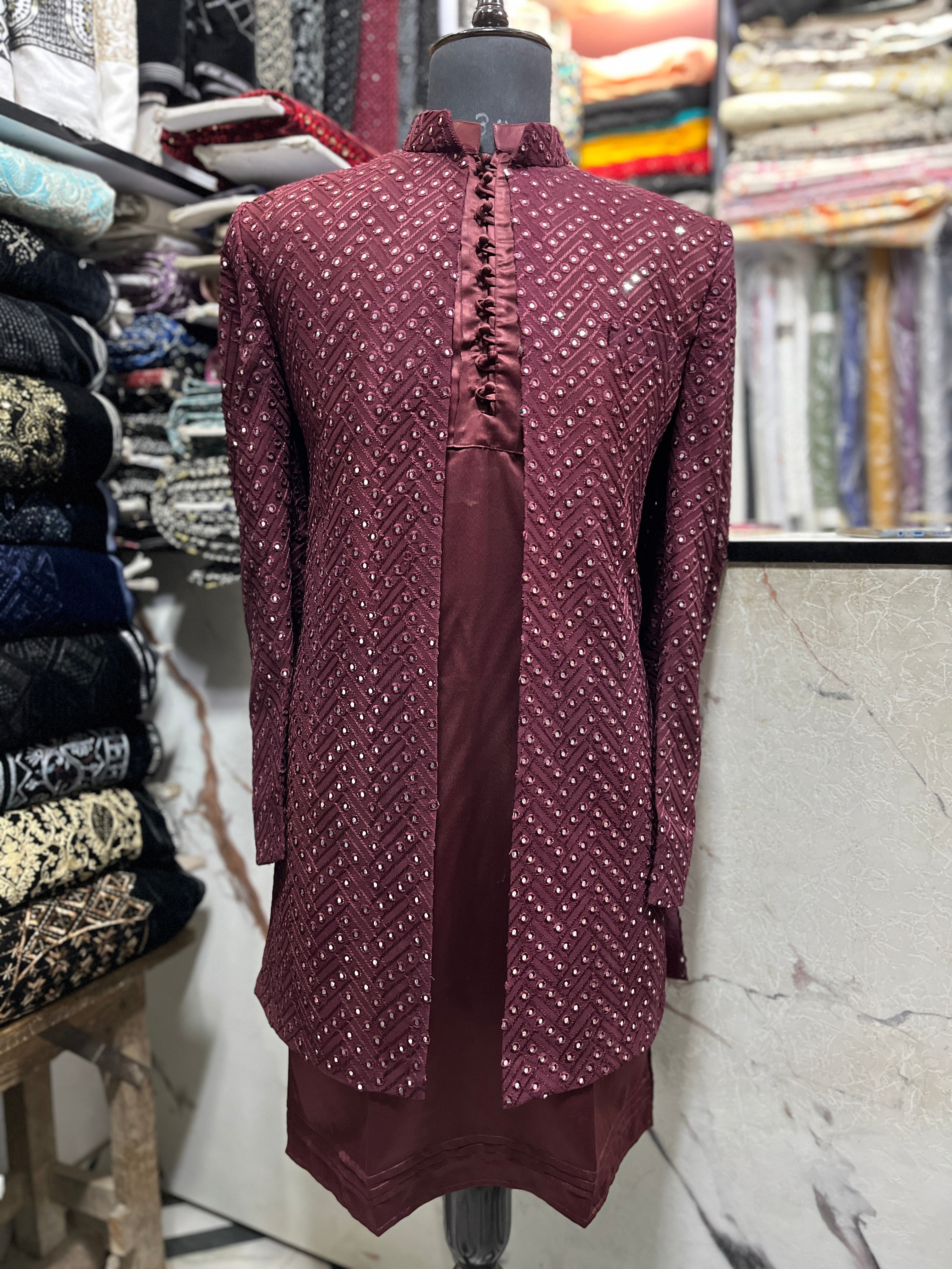 Detailed Mirror Work on Men's Maroon Indo-Western Outfit