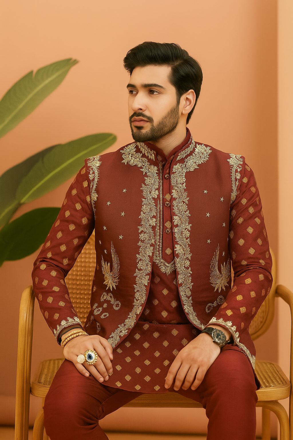A full-body side view of the man in the wedding outfit, showcasing the complete look.