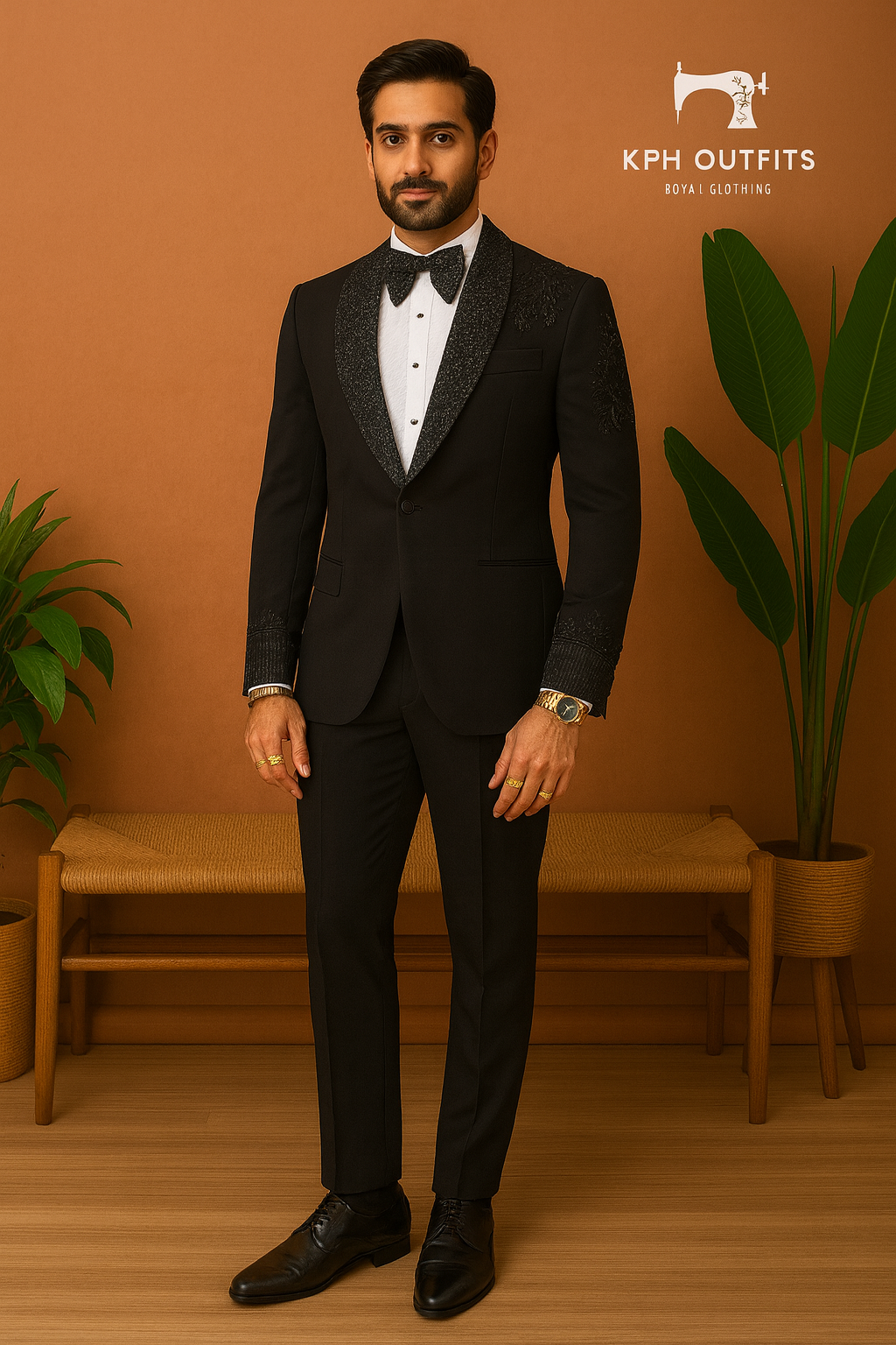 Men's Black Handcrafted Tuxedo Suit with Cut Work Detailing By KPH Outfits