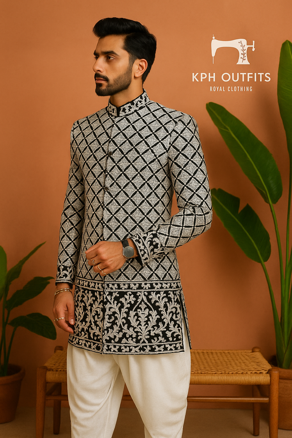 SRK Inspired Black Velvet Designer Sherwani Set – Luxurious Patiala Style Ensemble – KPH Outfits