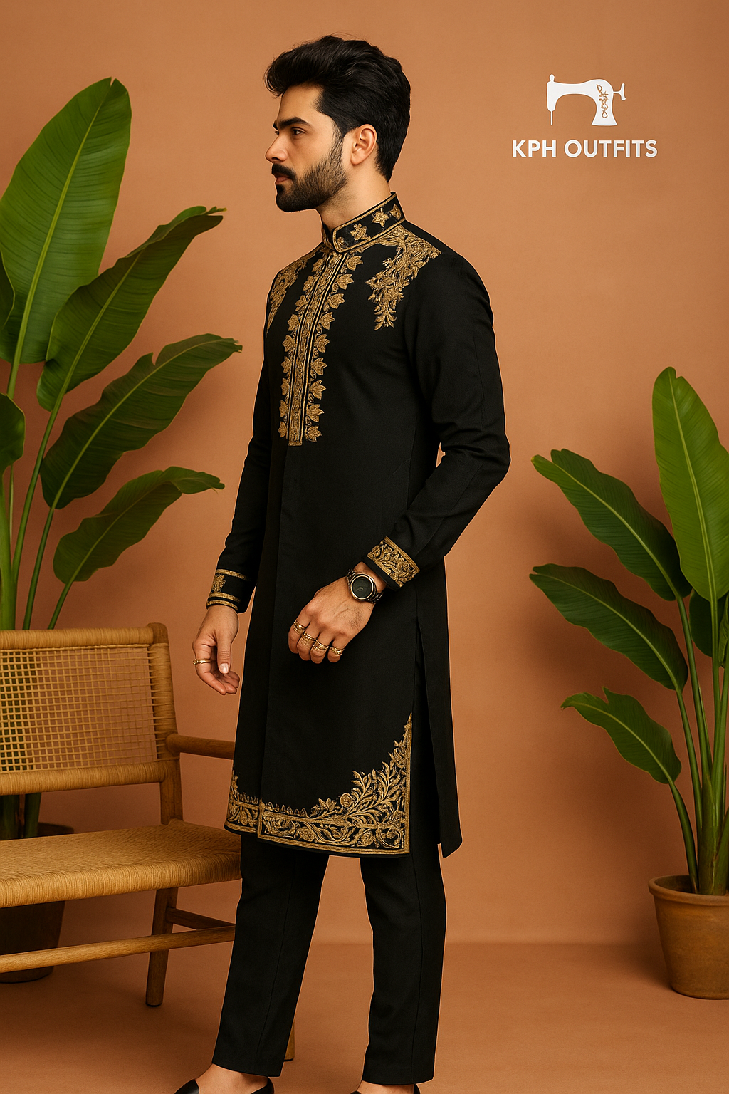 Men's Black Sherwani-Style Kurta with Zardozi Embroidery in Japanese Fabric – KPH Outfits