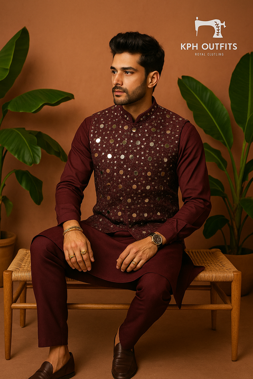 Men's Exclusive Wine Real Mirror Designer Waistcoat Set - KPH Outfits