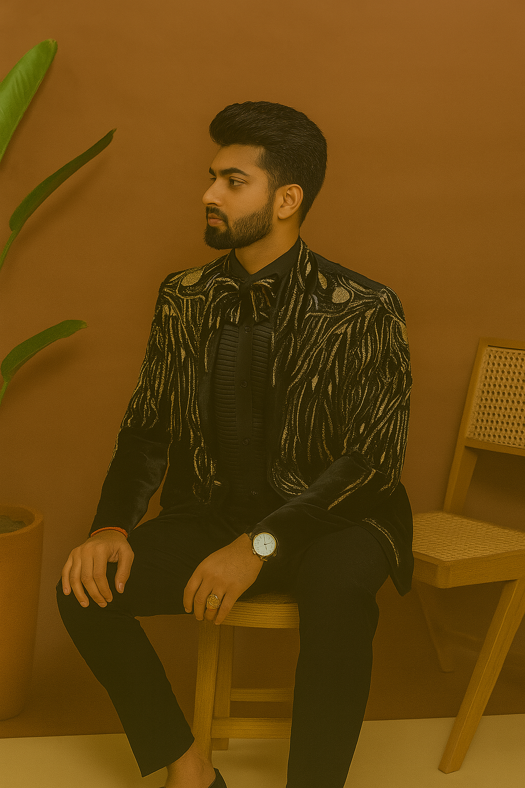 Groom Special Golden Handcrafted Embellished Tuxedo Suit