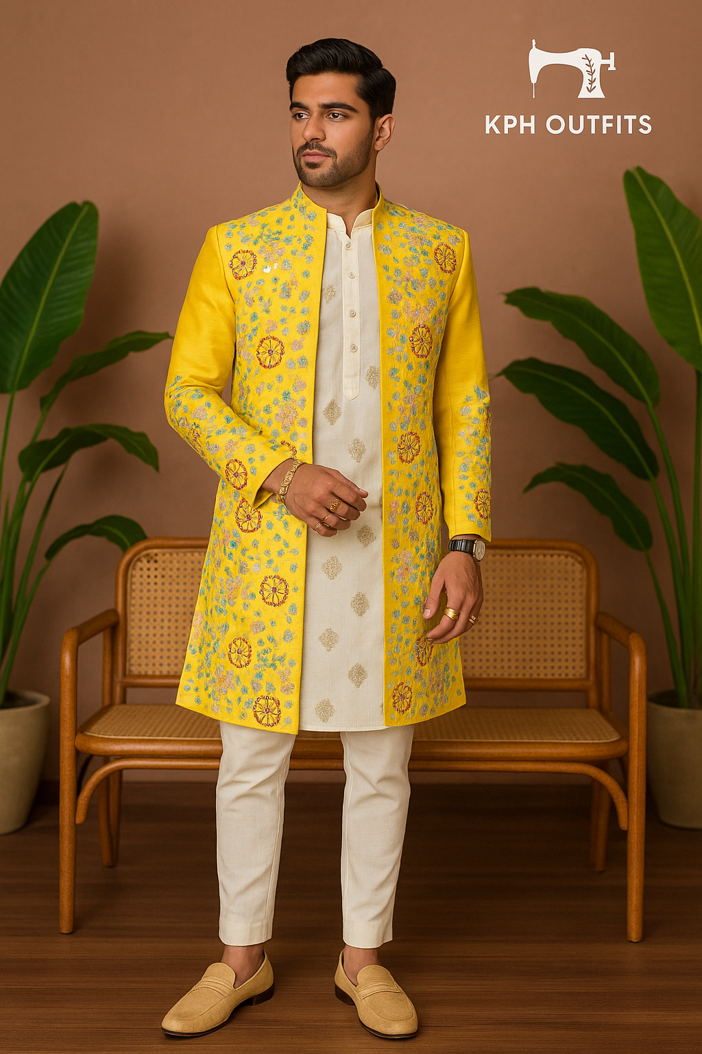 Mustard Silk Haldi Special Handcrafted Indo-Western Set for Men – Exclusive Wedding Wear by KPH Outfits