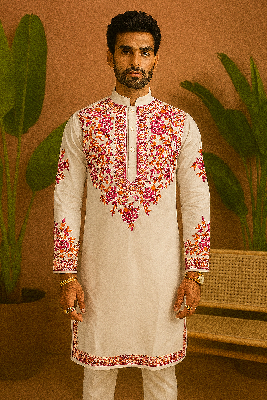 A photograph of a man in a stylish kurta, highlighting the quality of the fabric and the unique design.

