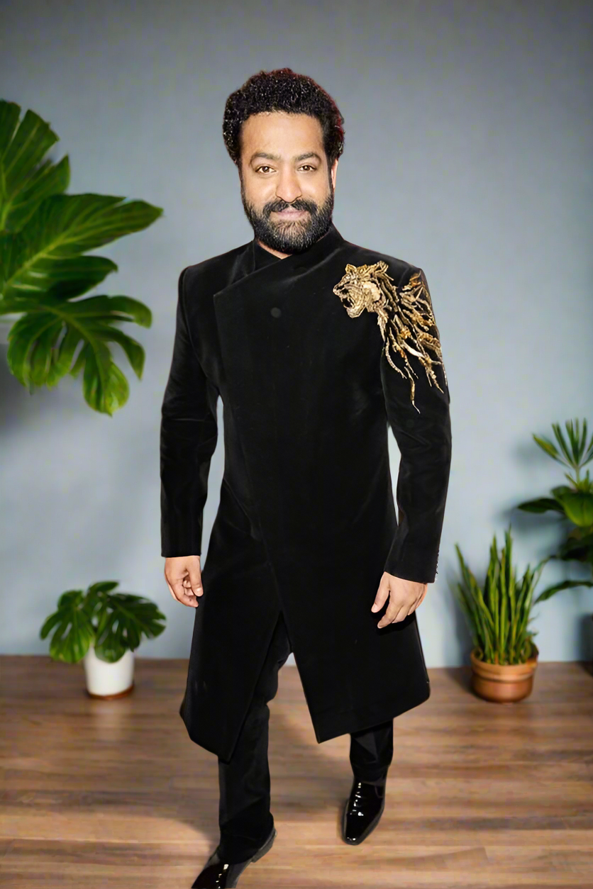 Men's Black Handcrafted Zardozi Work Junior NTR Stylish Indo-Western Set - KPH Outfits