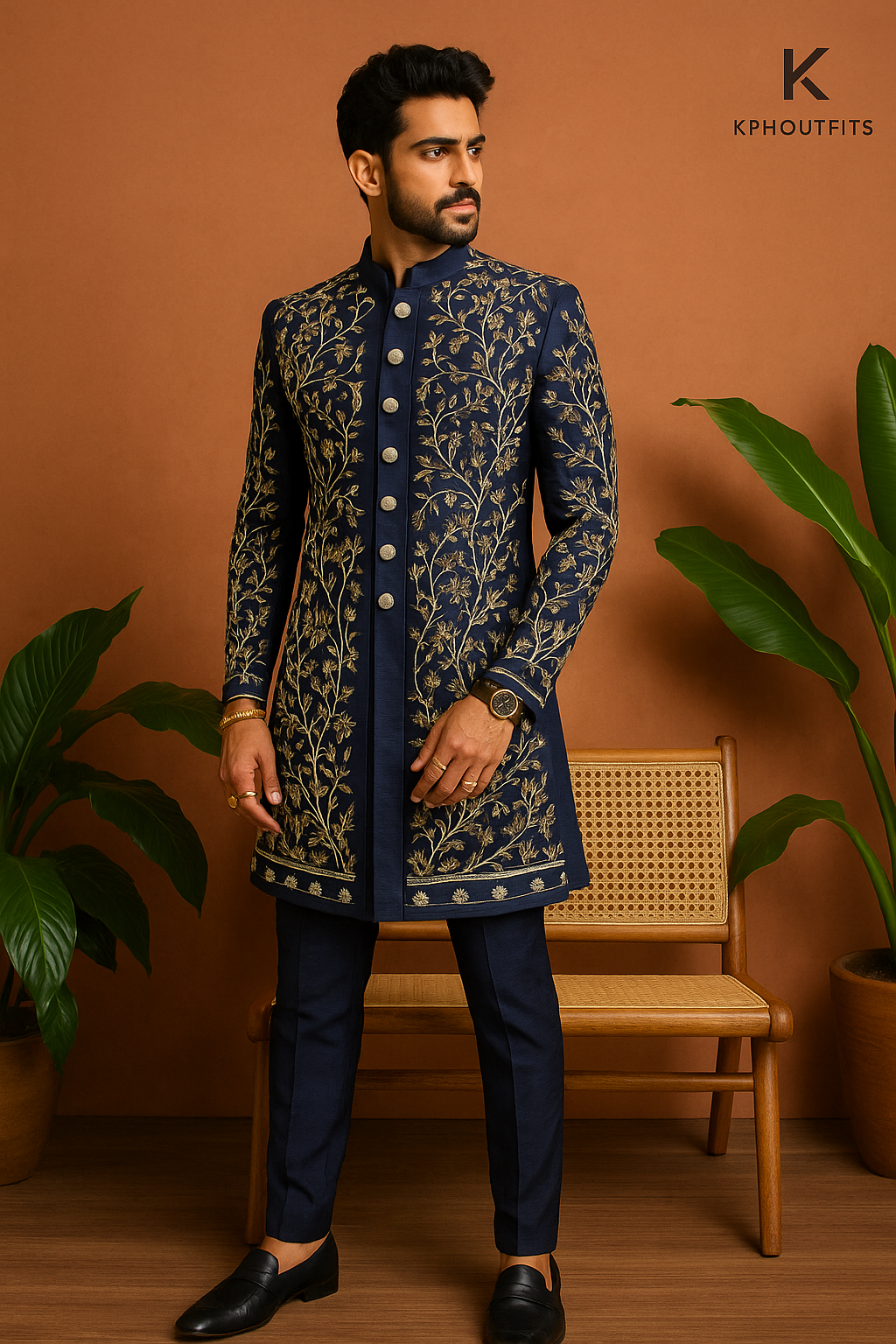 Men's Navy Blue Handcrafted Sangeet Special Indo-Western Set - KPH Outfits