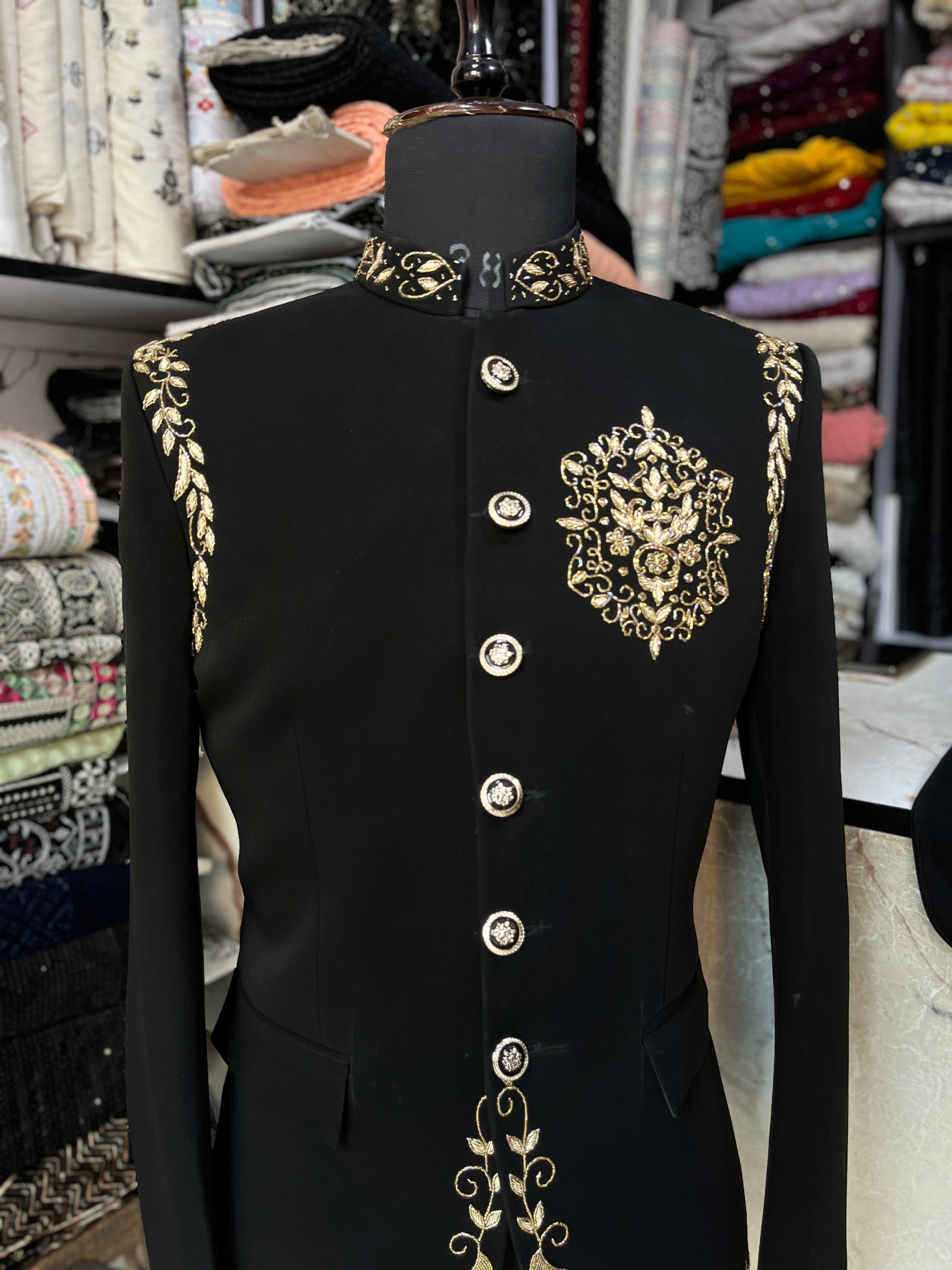 Men's Black Handcrafted Cut Work Bandhgala Suit