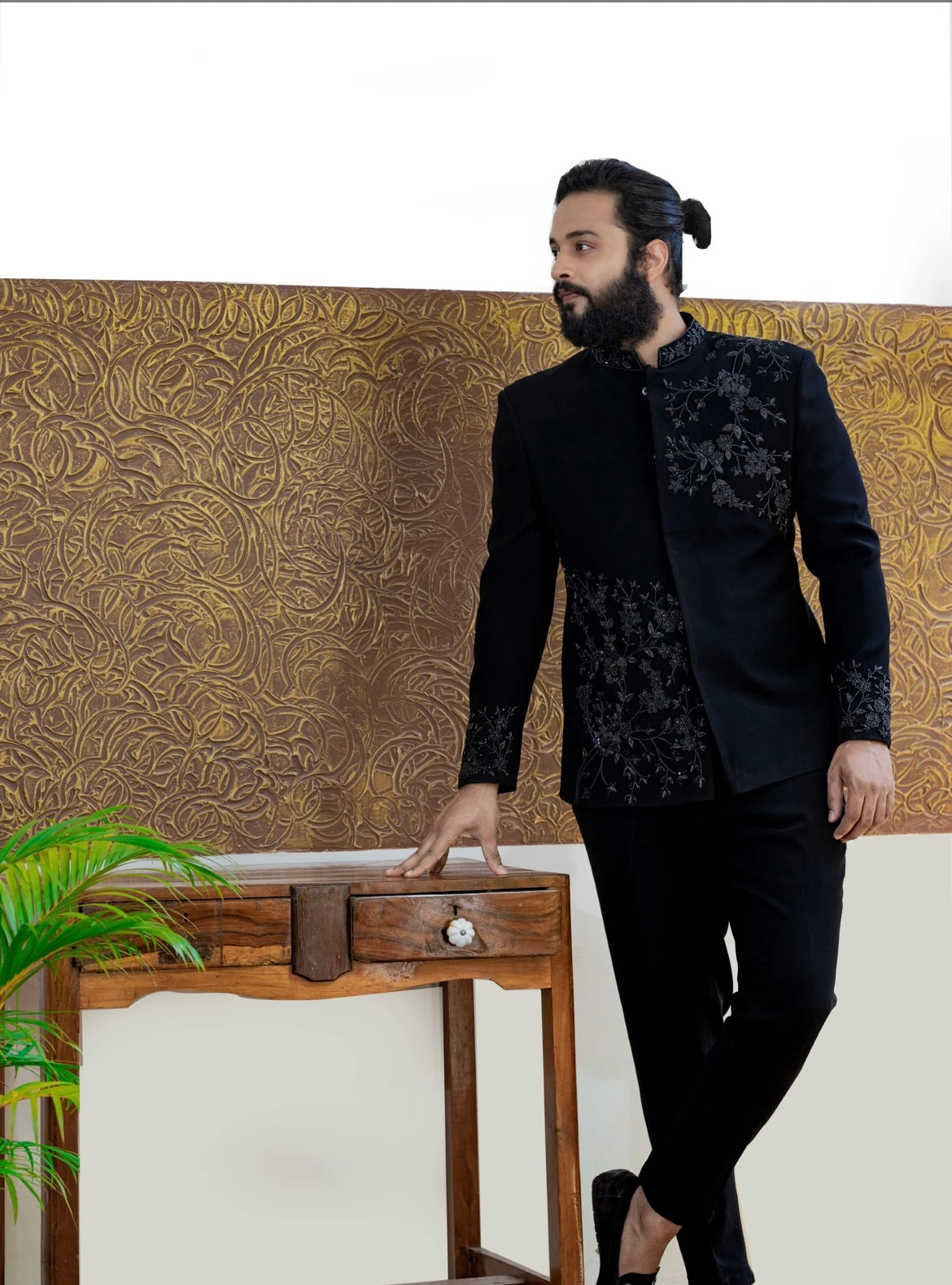 Men's Black Handcrafted Cut dana Work Bandhgala Suit