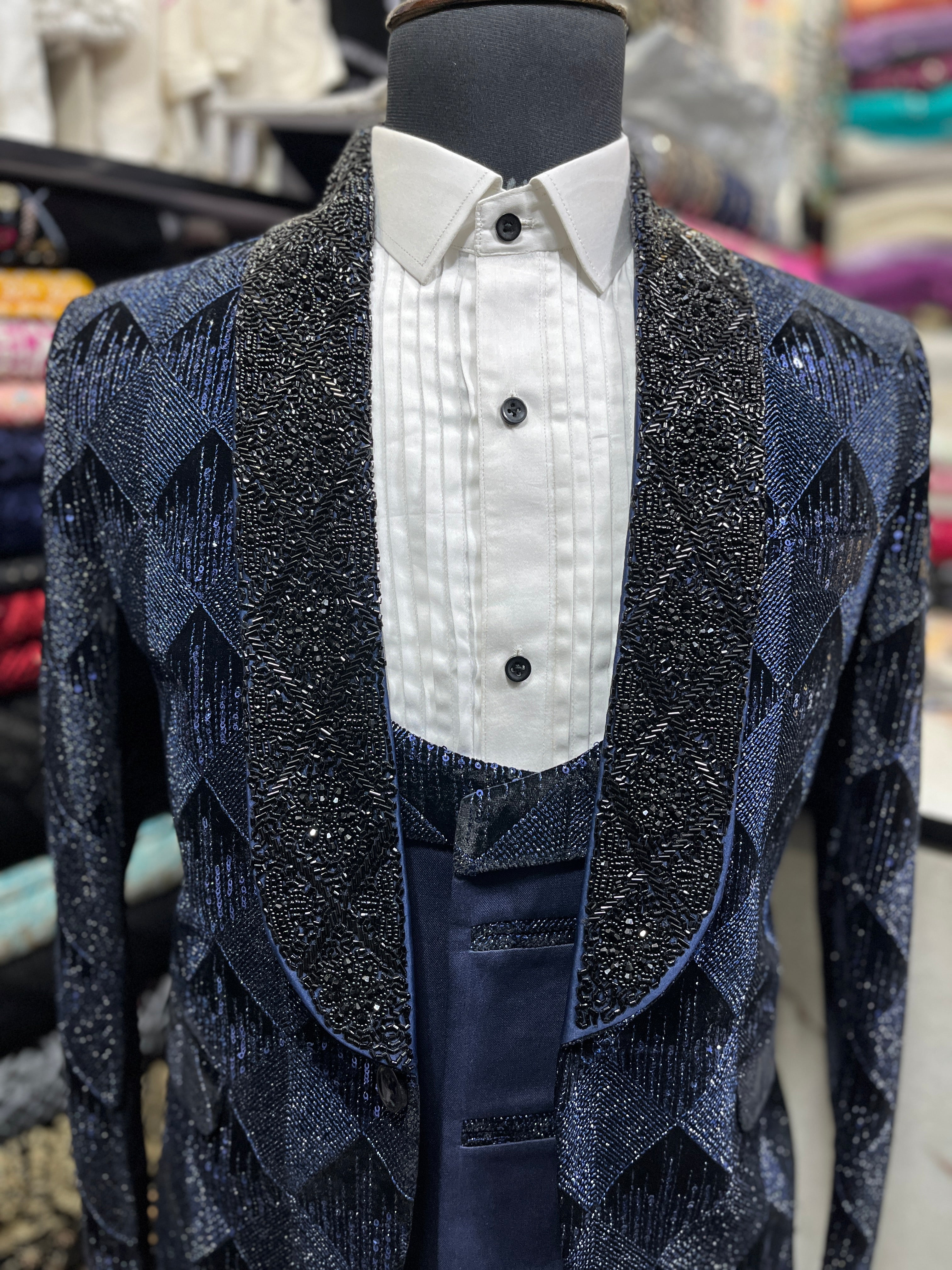 Men's Blue Handcrafted Shawl Lapel Tuxedo