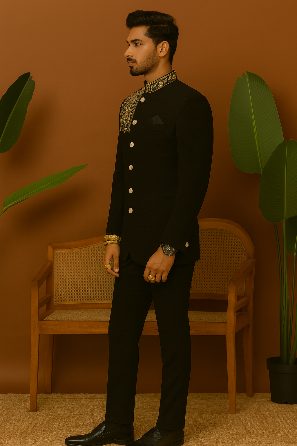 A close-up of the jacket's intricate gold cutdana embellishments.

