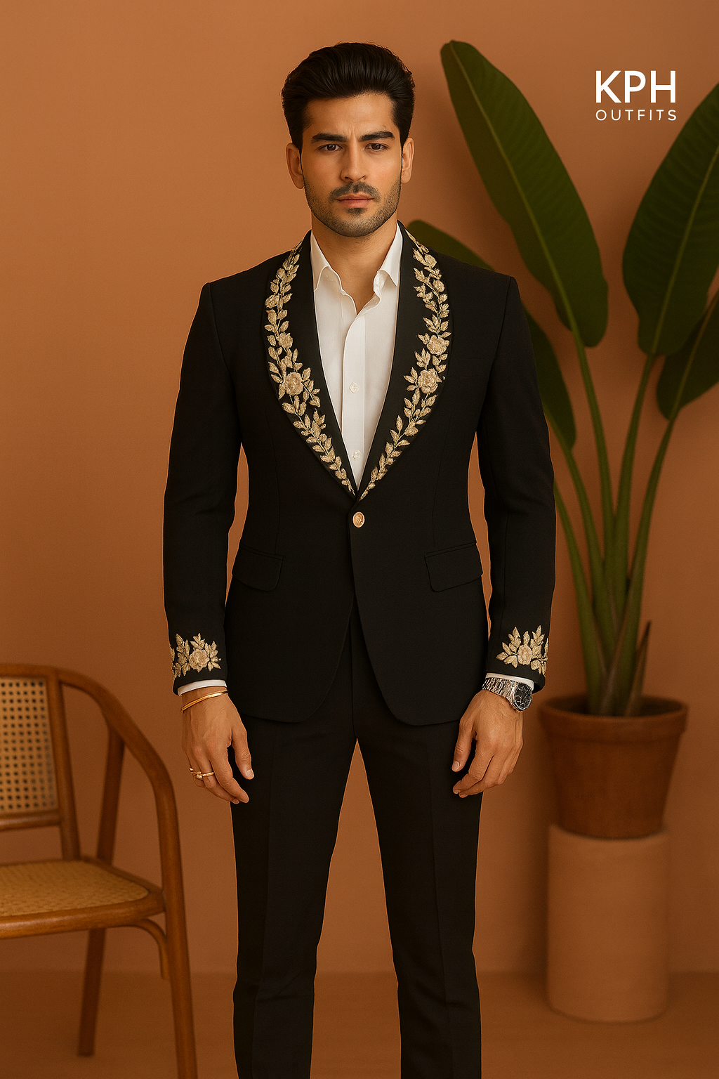 Men's Black Handcrafted Zardozi Work Shawl Lapel Tuxedo Suit by KPH Outfits